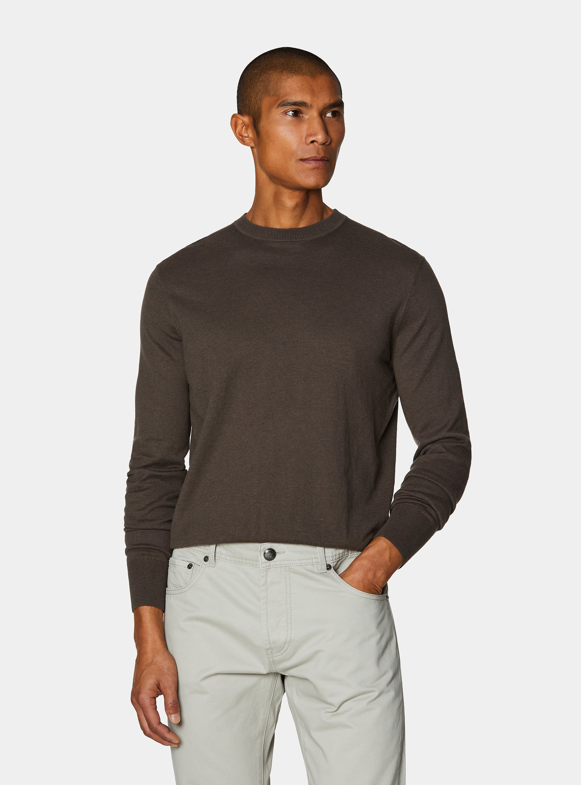 Rundhals-Pullover aus Baumwolle, Seide und Kaschmir, MARRONE 0507C