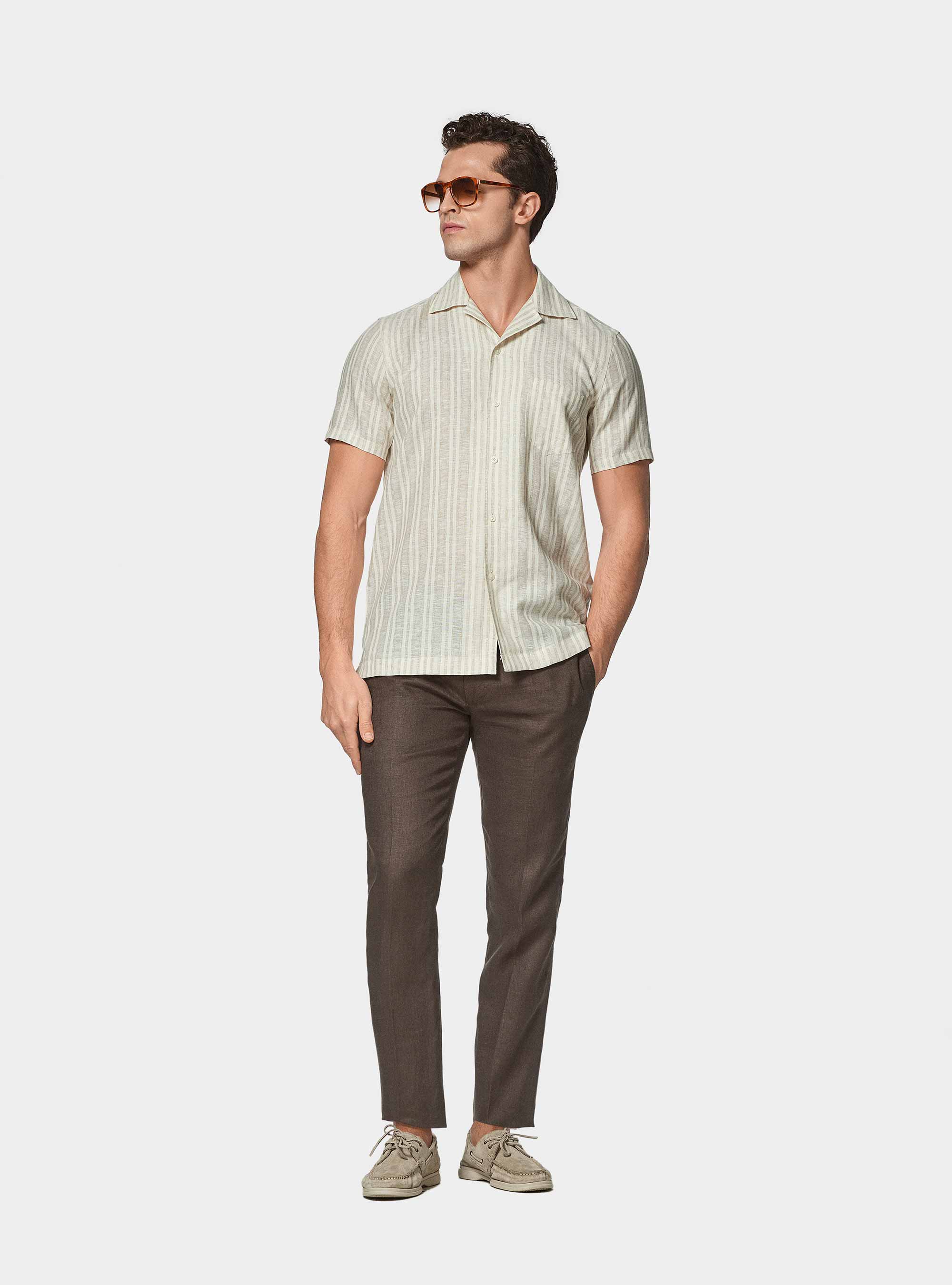 Camicia bowling in lino e cotone rigato, SABBIA