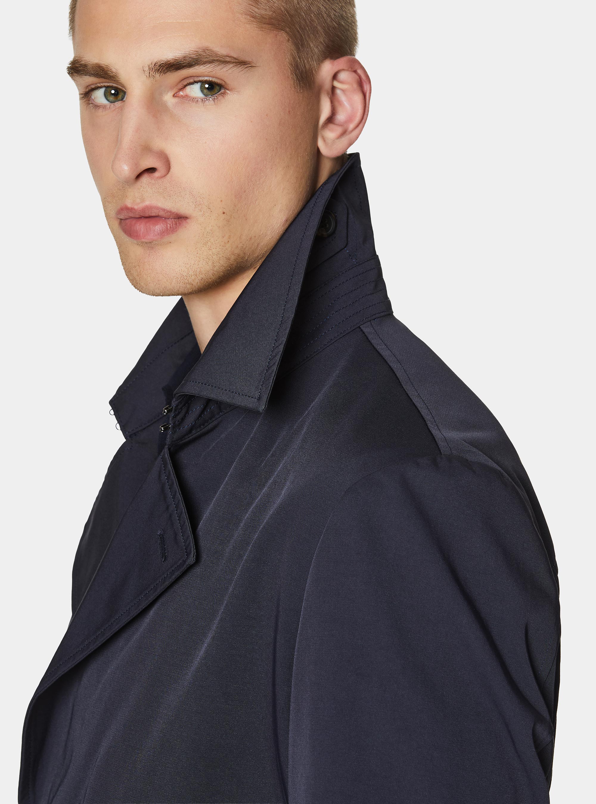 Double-breasted trench coat in cotton twill, NAVY BLUE