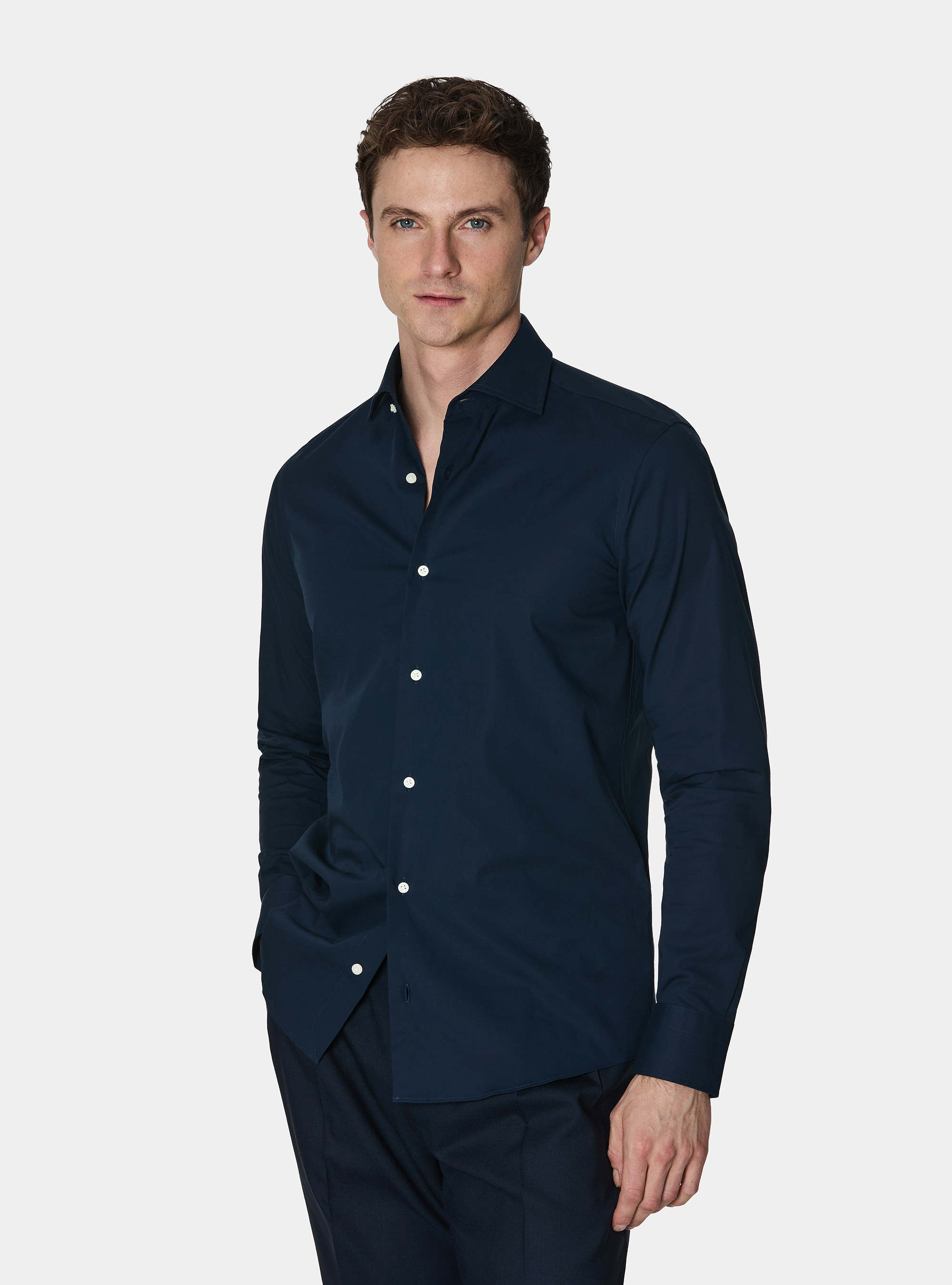 Cotton poplin stretch shirt, NAVY BLUE