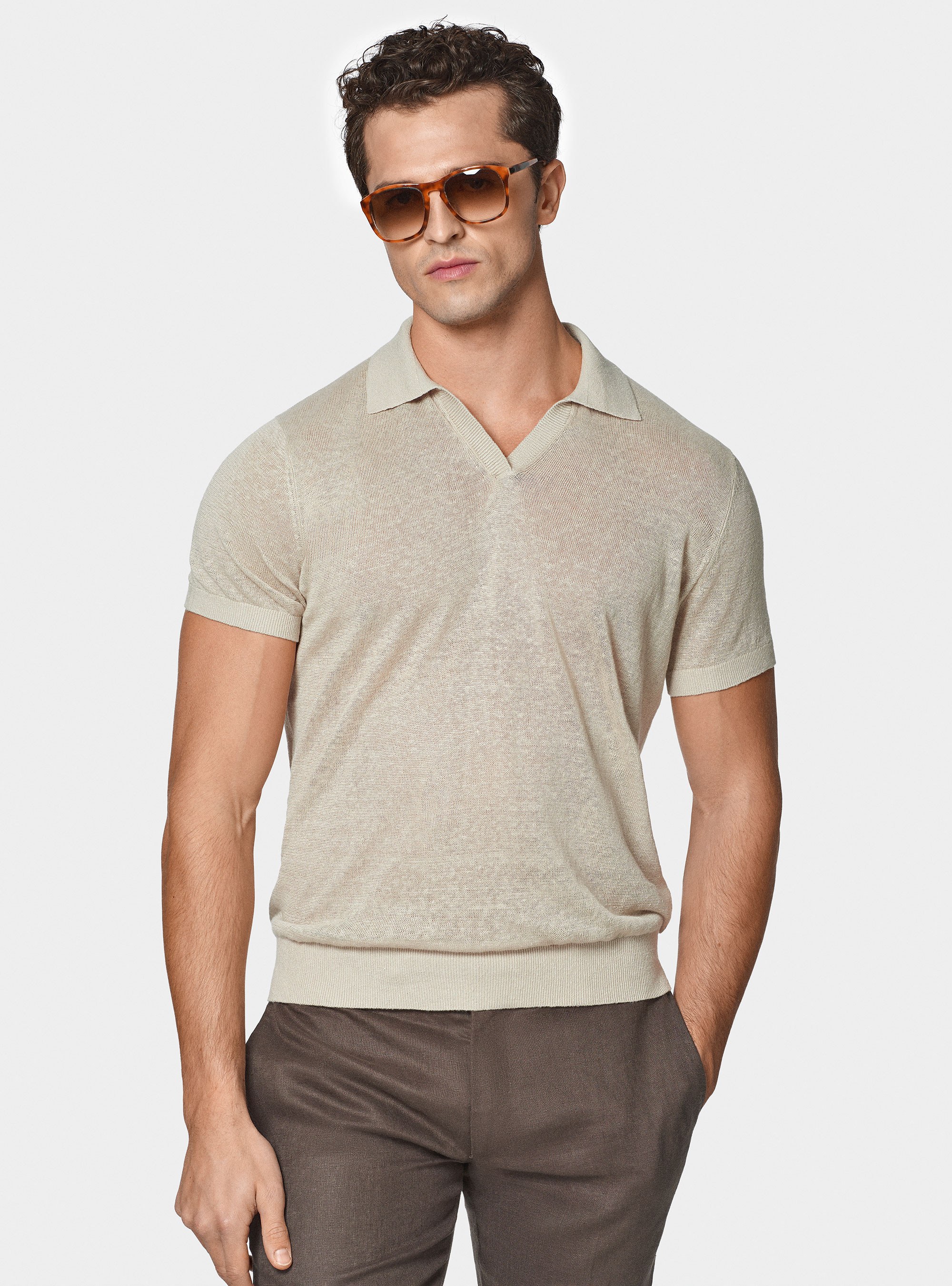 Buttonless knitted polo shirt in pure linen, ECRU
