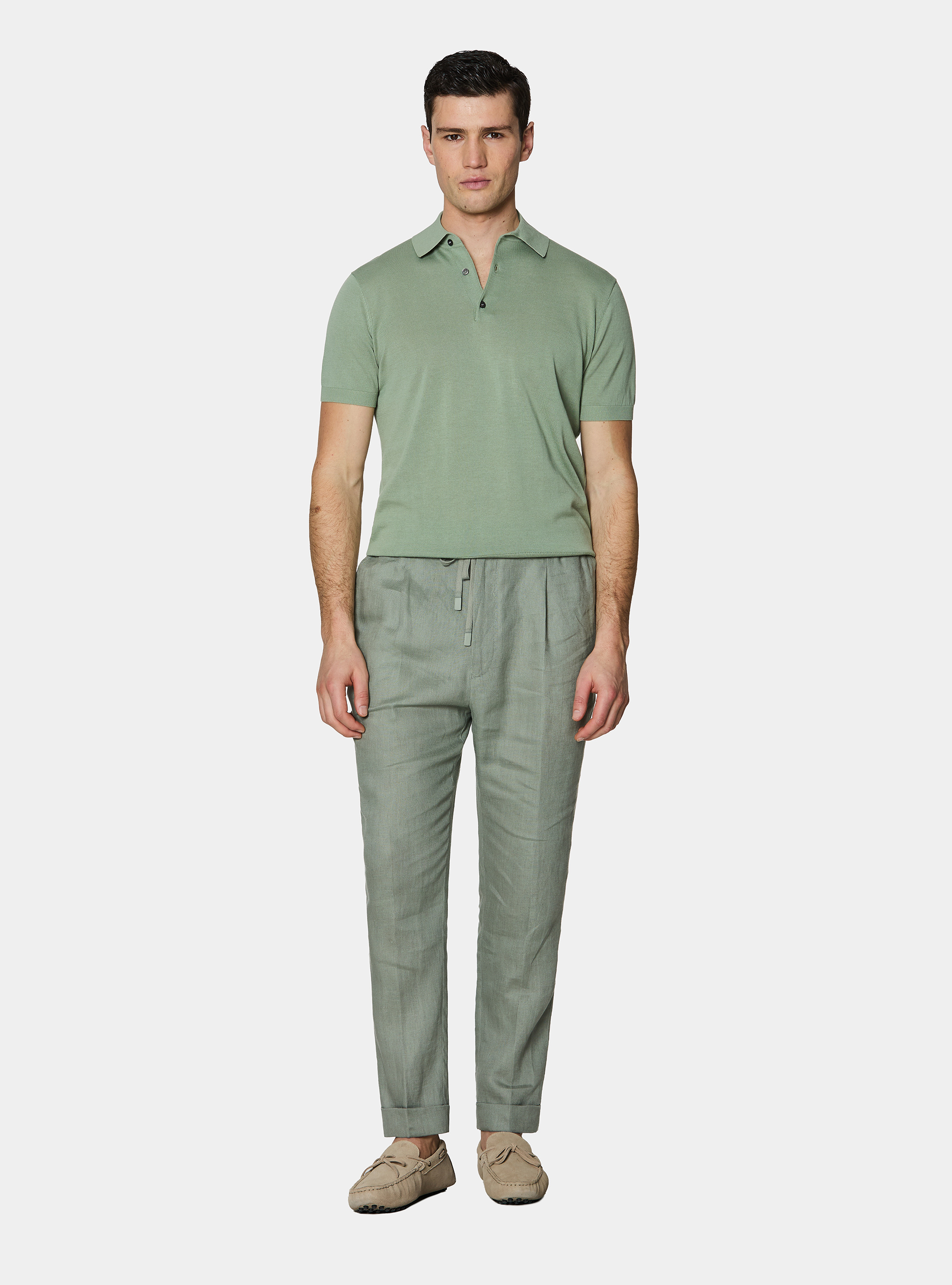 Pantal&oacute;n de lino puro con pinzas y cord&oacute;n de ajuste, SALVIA 0602C