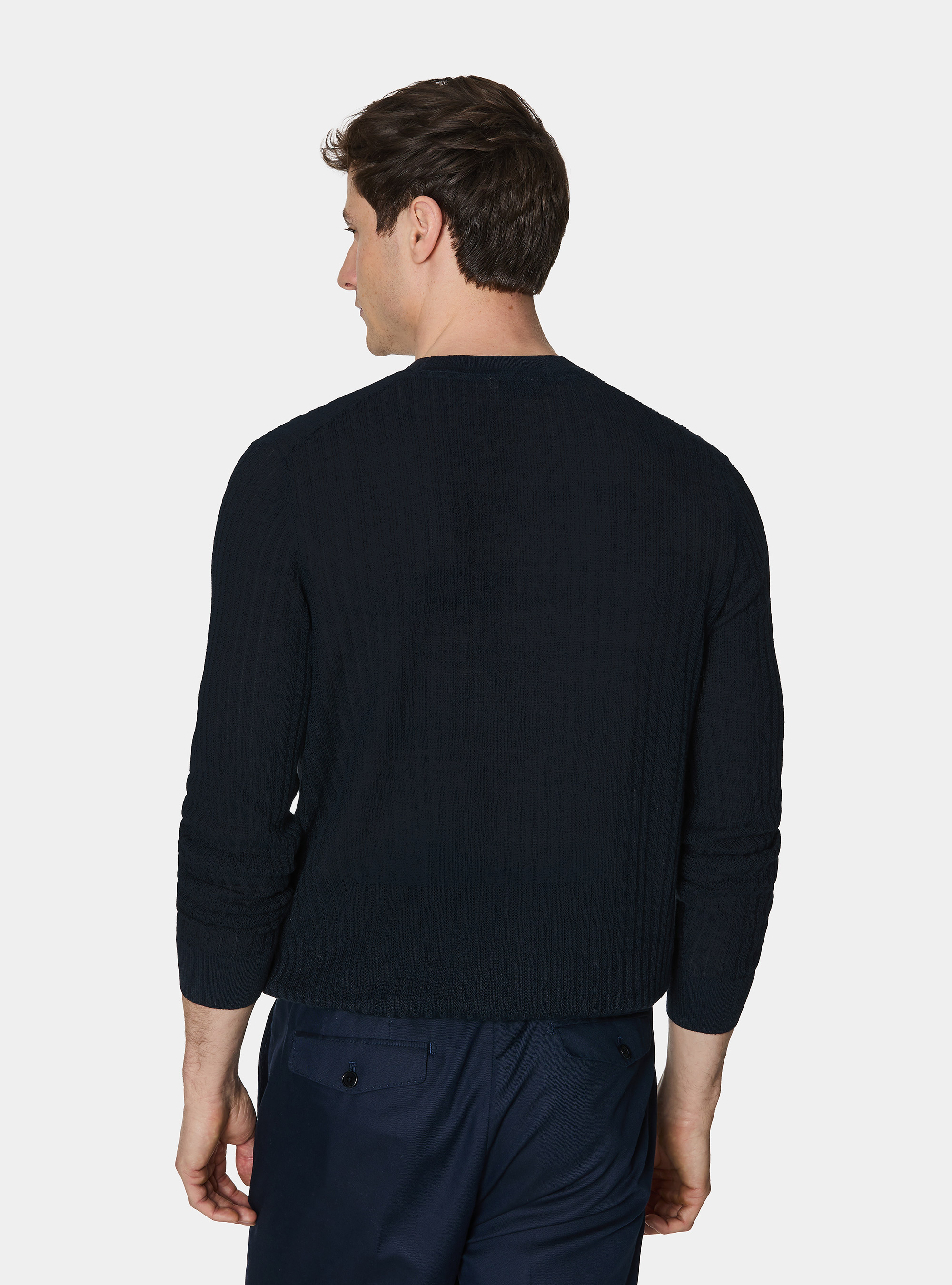 Rundhals-Rippstrickpullover aus reinem Leinen, NAVY 0218C