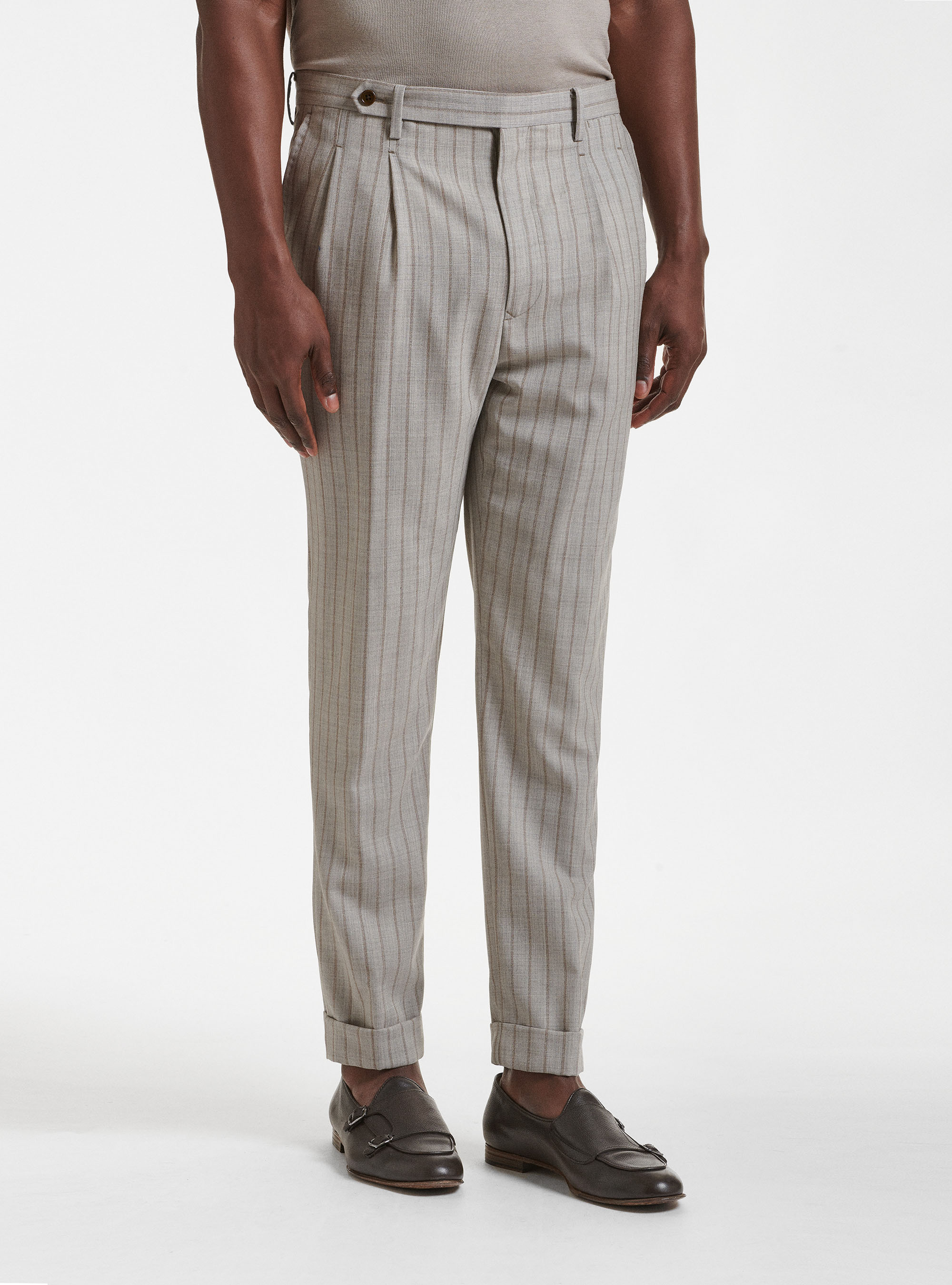 Pantalon &agrave; pinces doubles en pure laine ray&eacute;e, SABLE