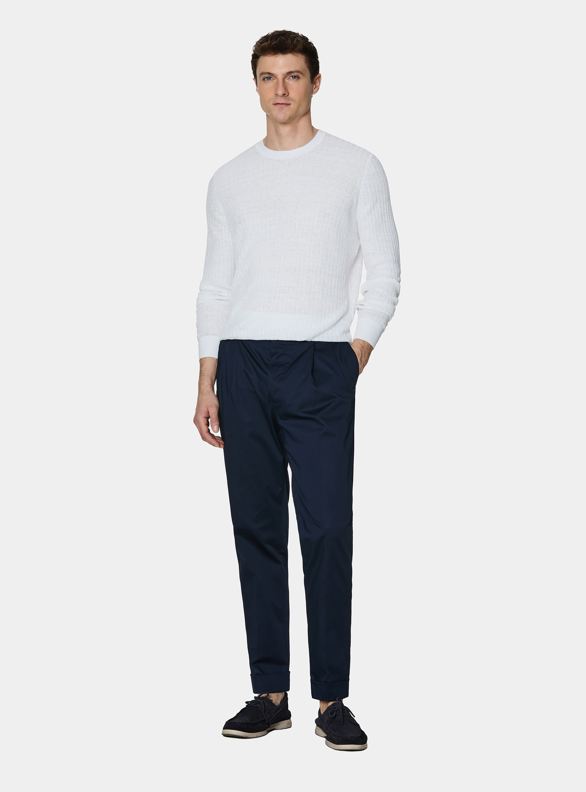Stretch poplin cotton pleated trousers, NAVY BLUE