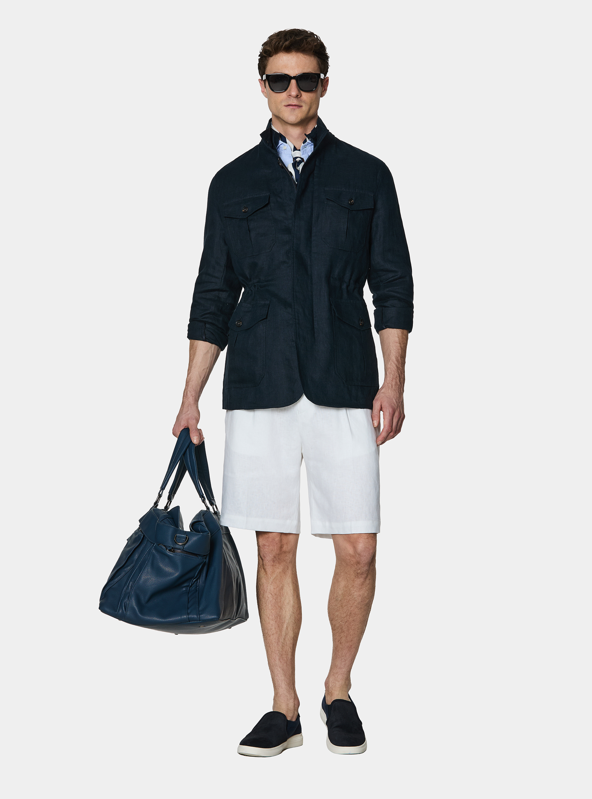 Field jacket en lin pur, BLEU MARINE