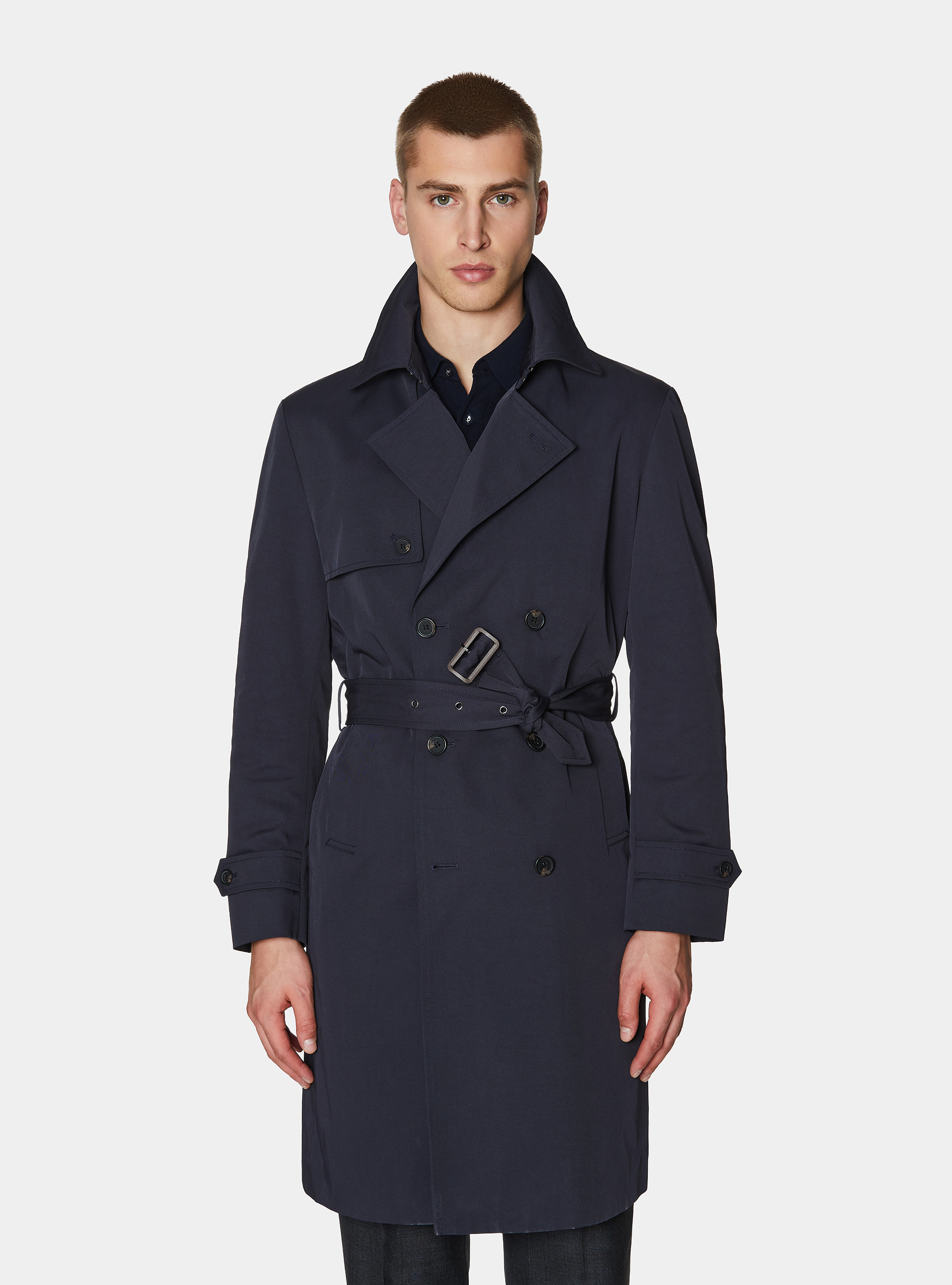 Double-breasted trench coat in cotton twill, NAVY BLUE