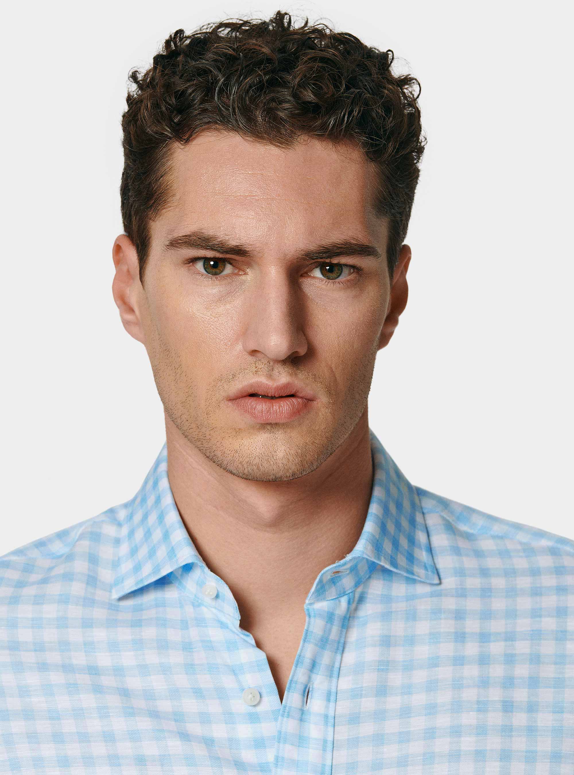 Light blue linen blend checked shirt, LIGHT BLUE