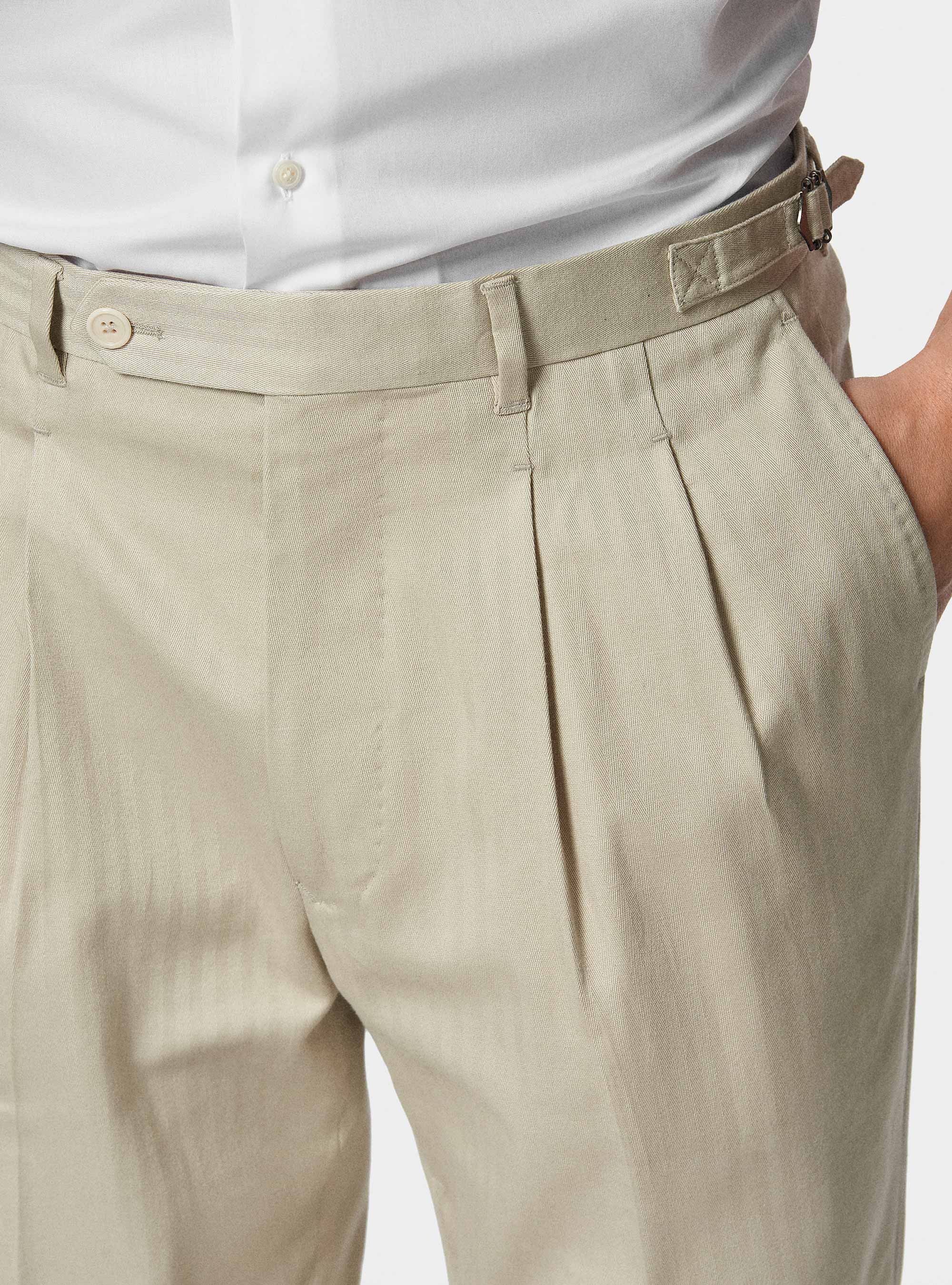 Double-breasted cotton and linen suit trousers, ECRU