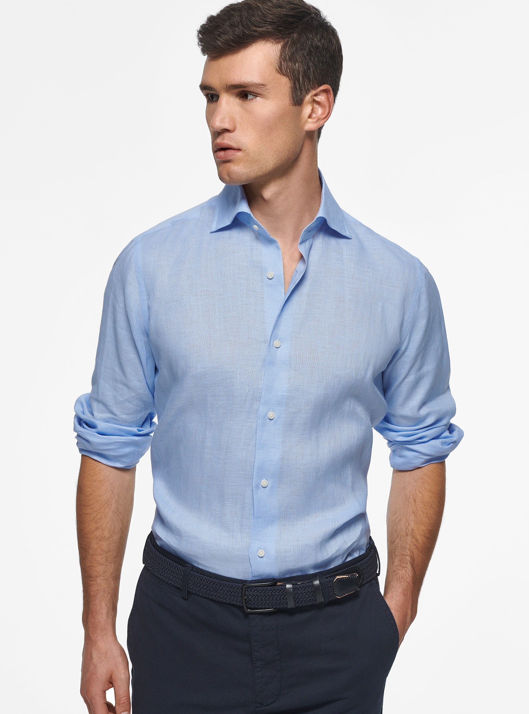 Italian collar shirt in pure linen, LIGHT BLUE