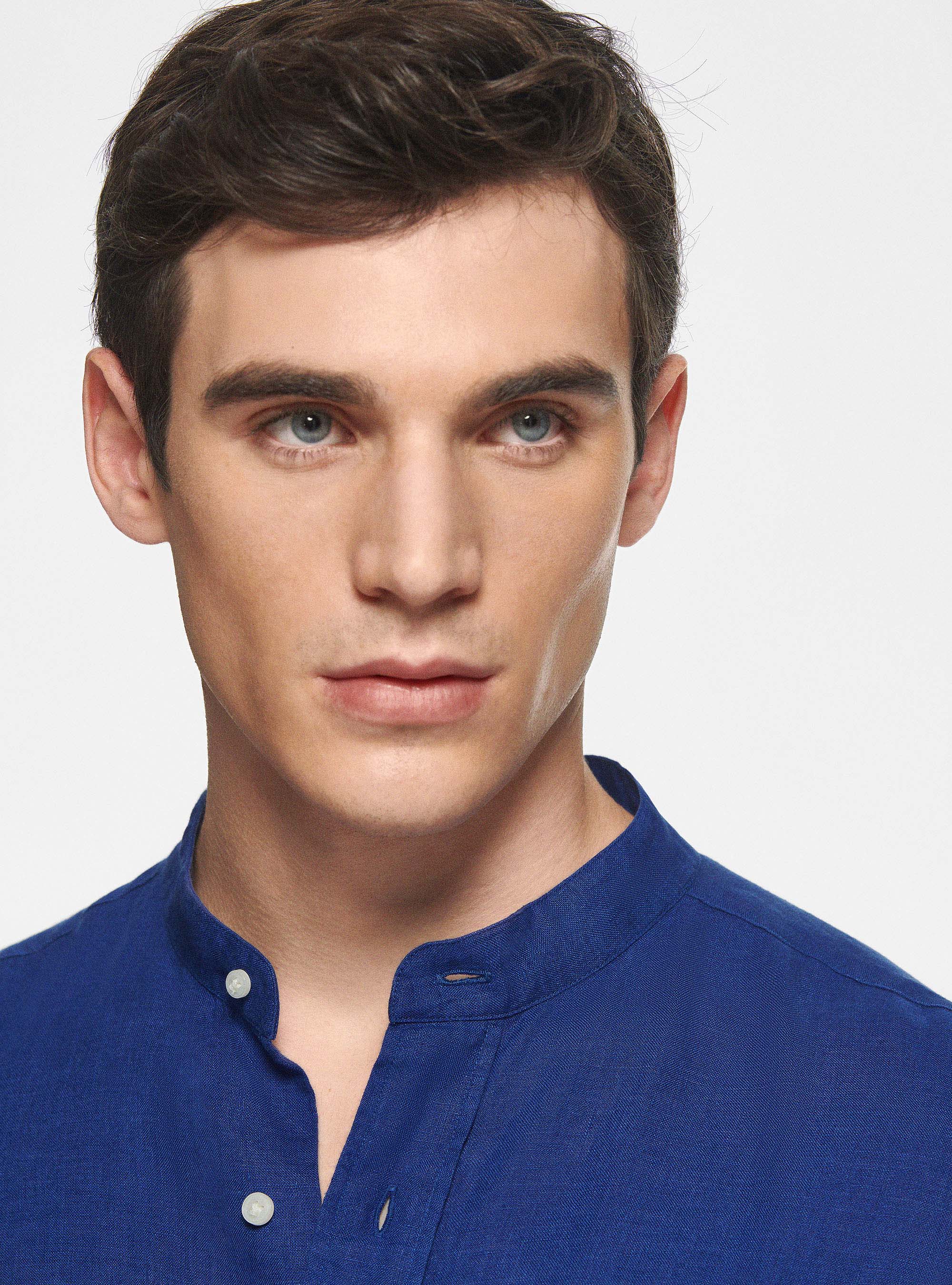 Camicia coreana in puro lino, BLU
