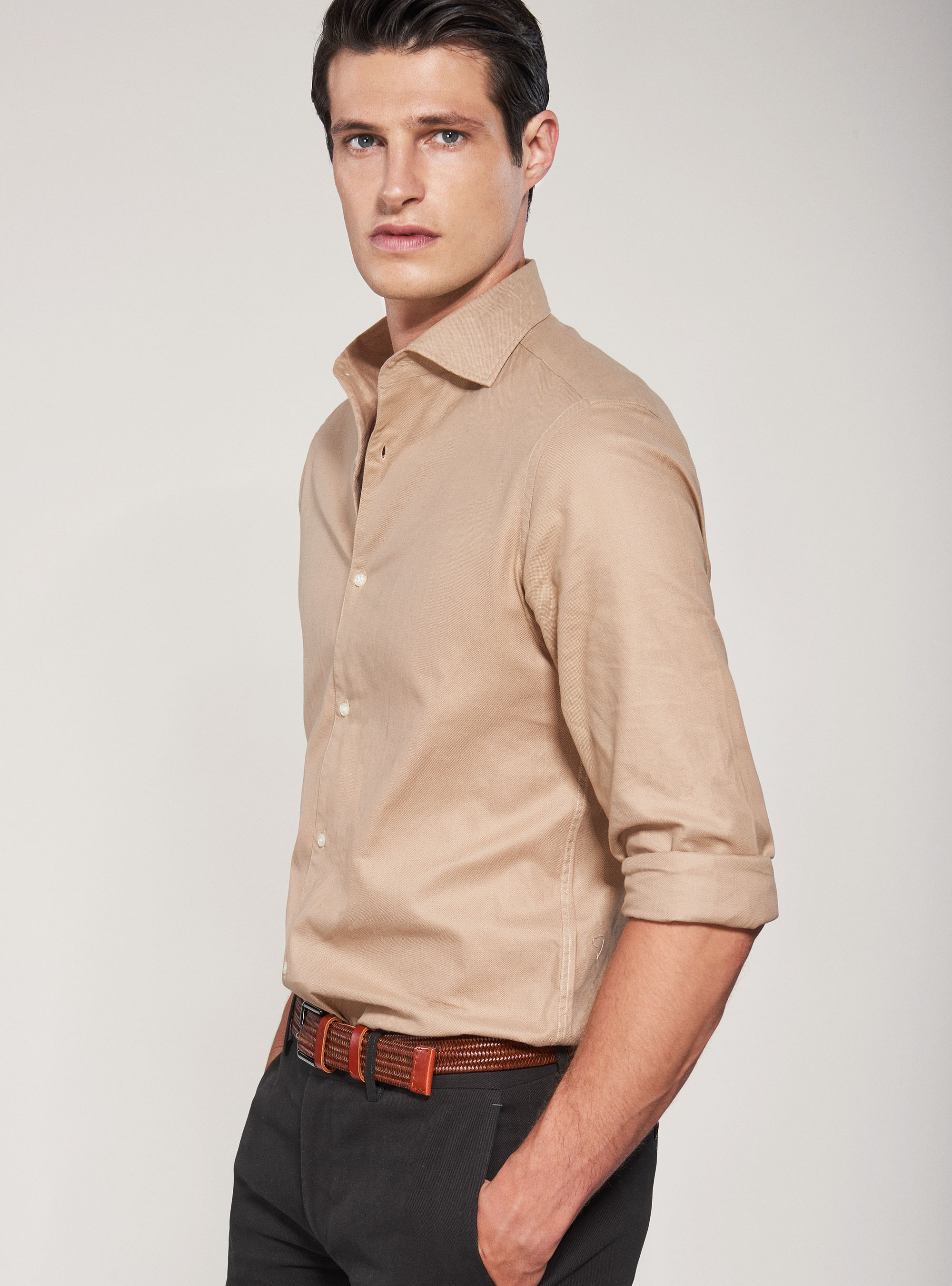 Camicia in piquet di cotone tinto in capo, SABBIA