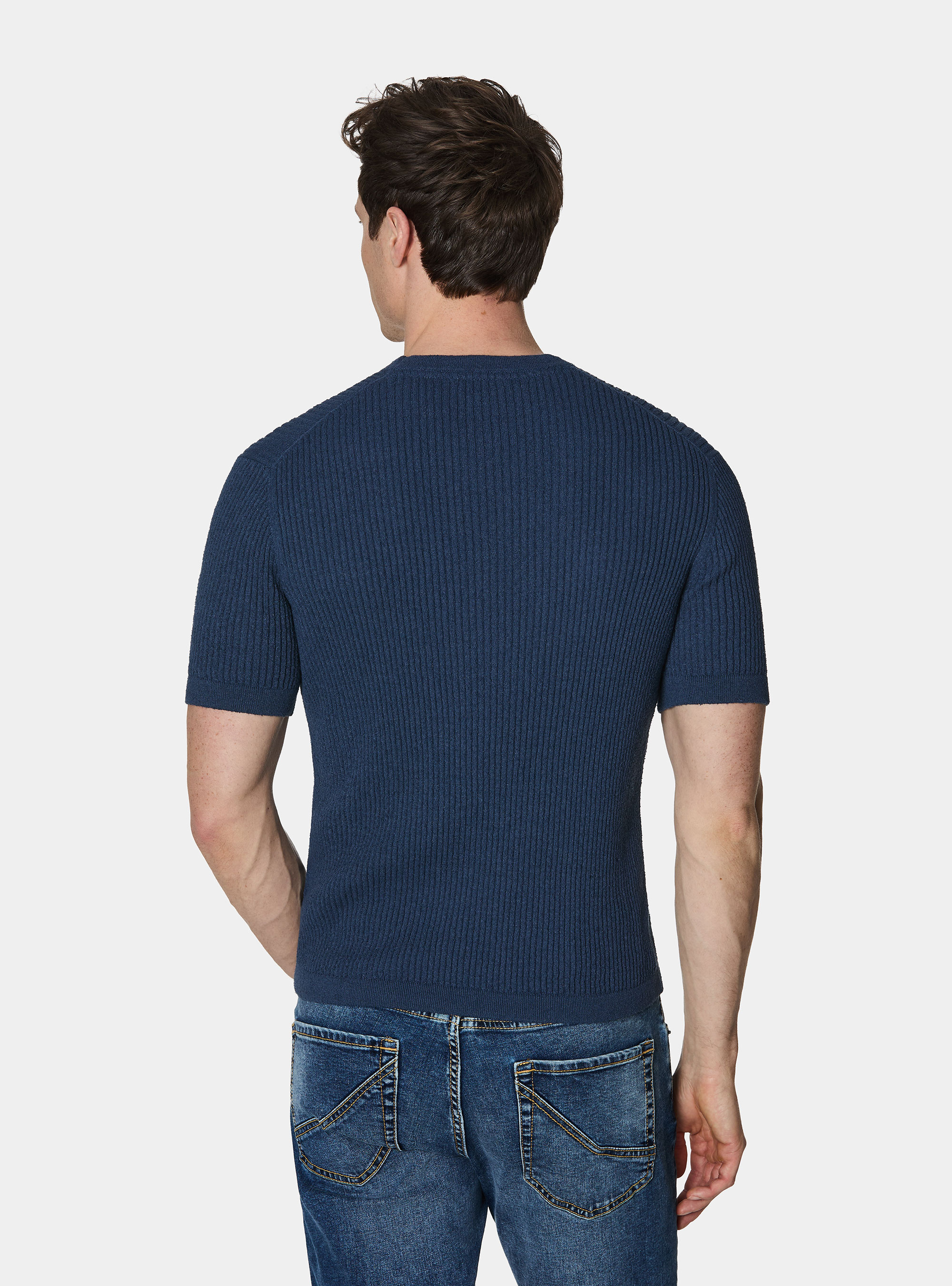 Crew neck in ribbed boucl&eacute; knit, INK