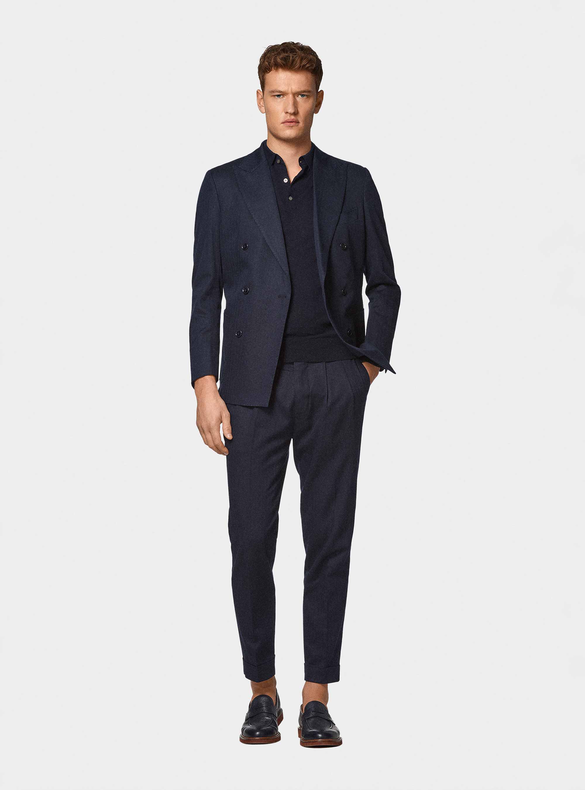 Giacca abito doppiopetto in cotone e lino, BLU NAVY