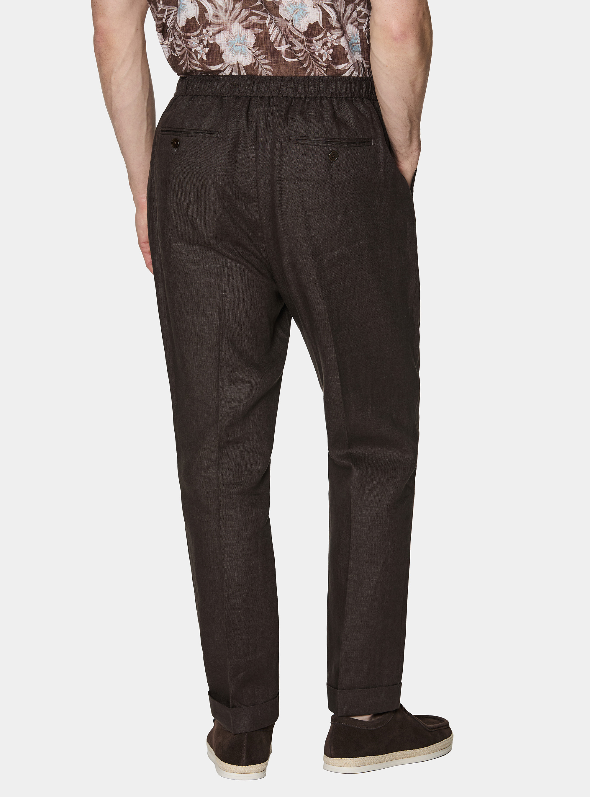 Pure linen trousers with pleat and drawstring, BROWN