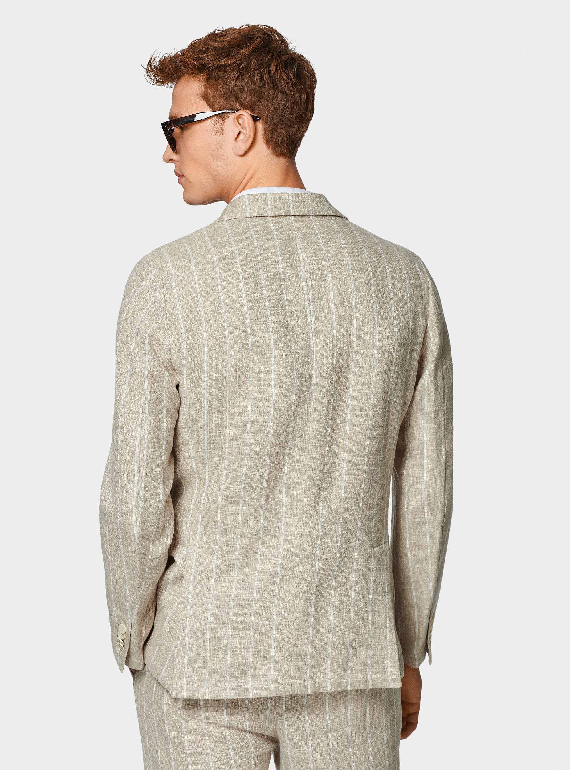 Giacca abito rigato in puro lino crepe, SABBIA