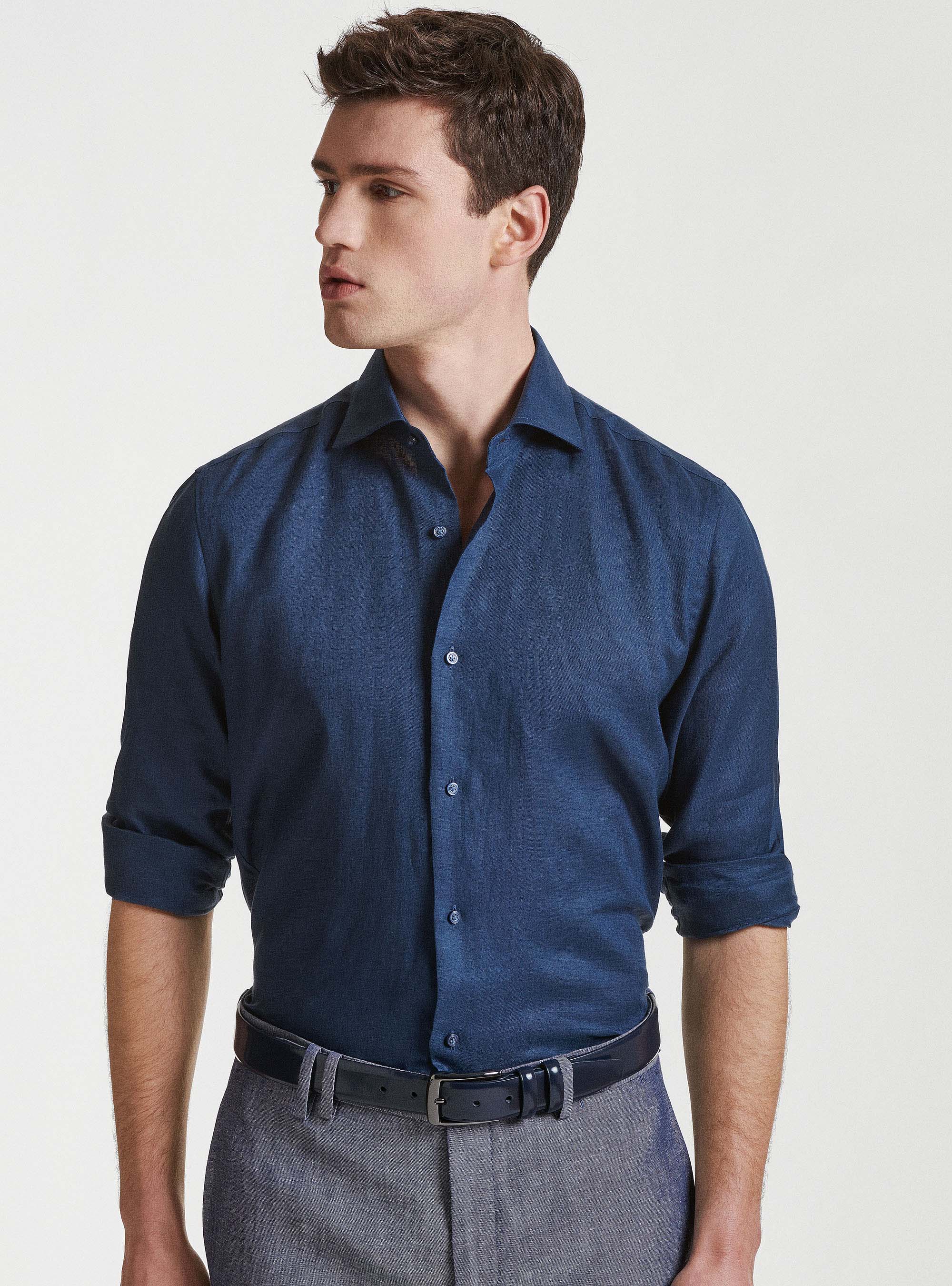Chemise en pur lin &agrave; col semi-fran&ccedil;ais, BLEU MARINE