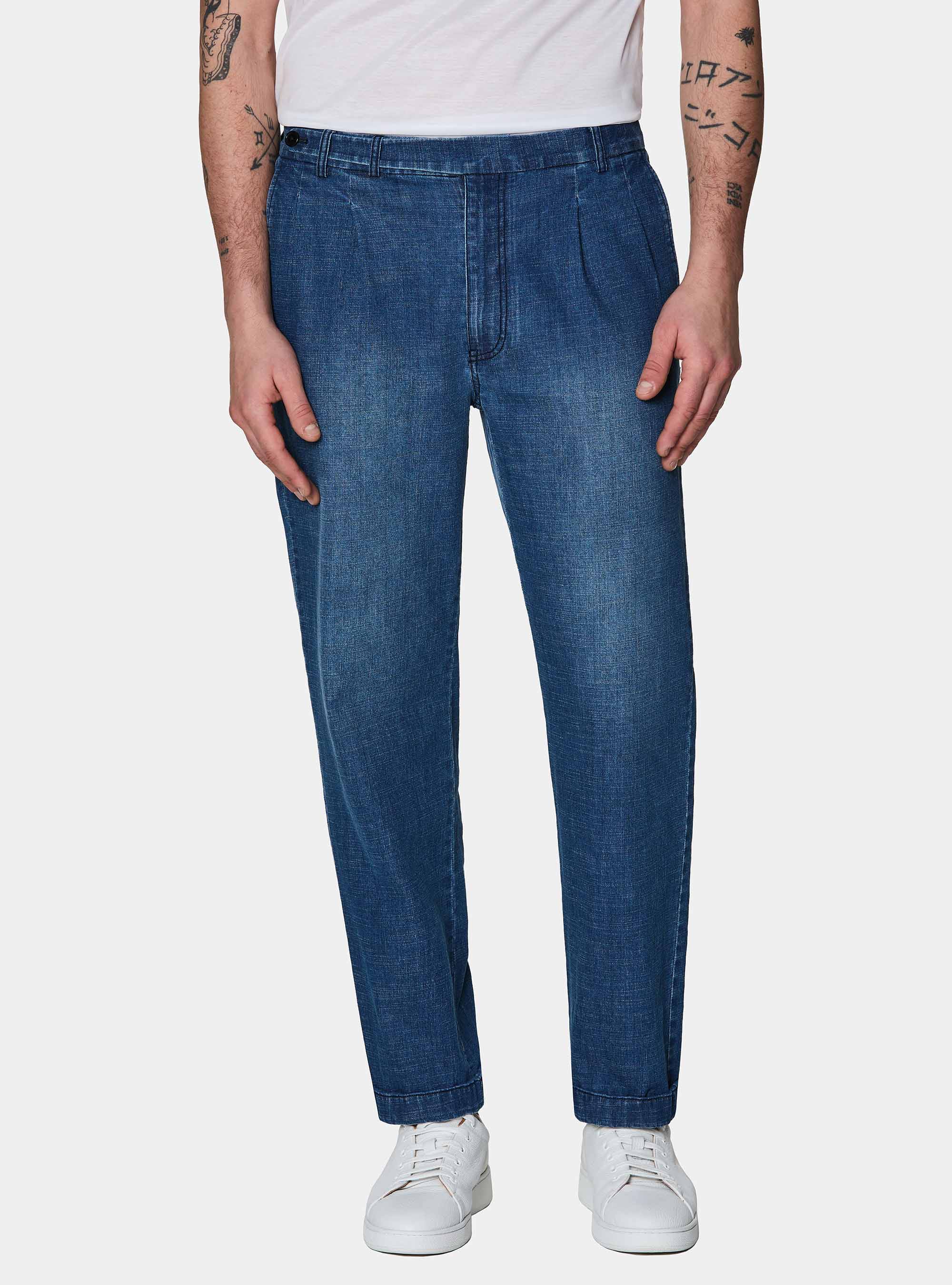 Pantalon ample &agrave; pinces en coton chambray, BLEU