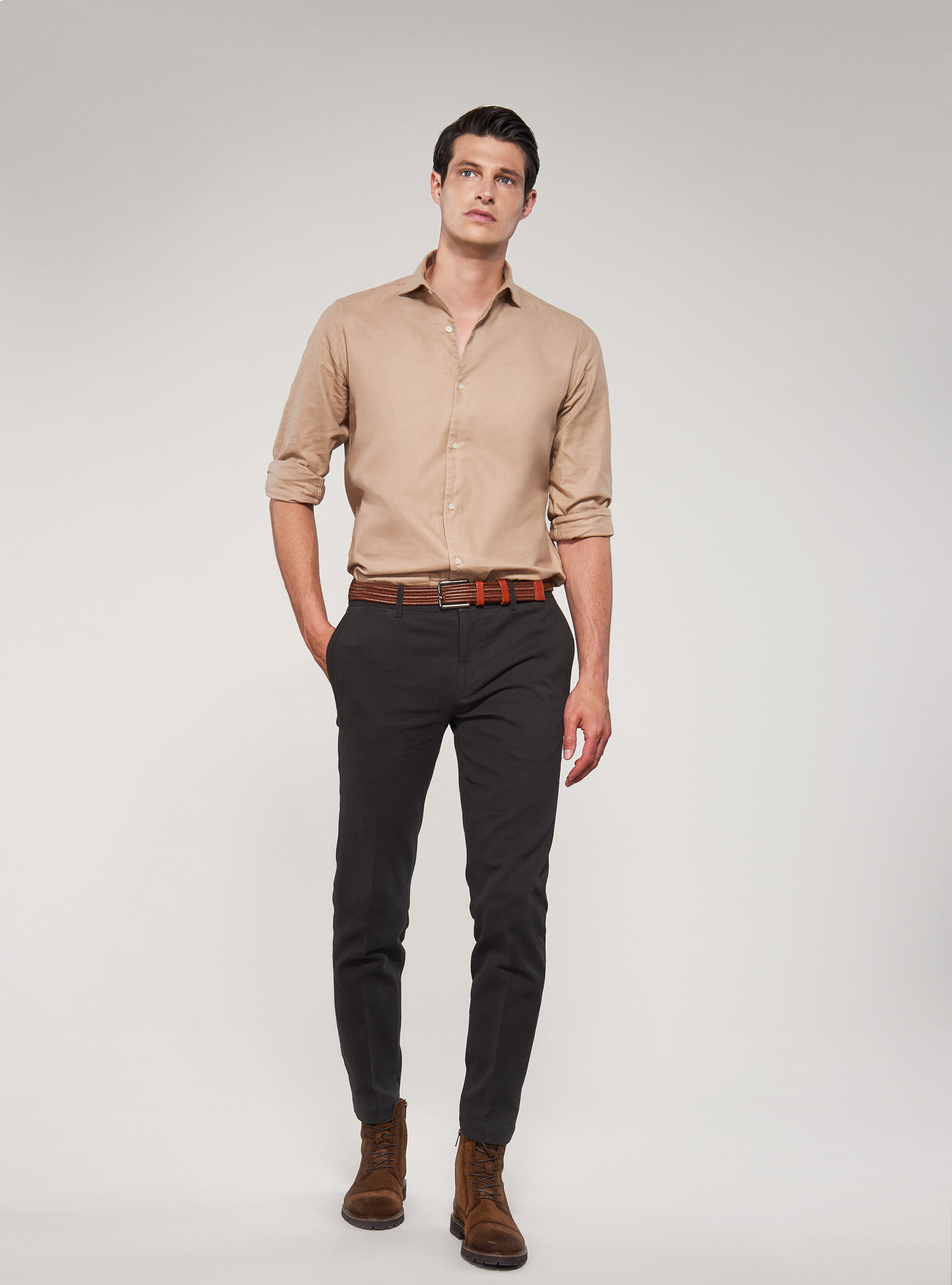 Camicia in piquet di cotone tinto in capo, SABBIA