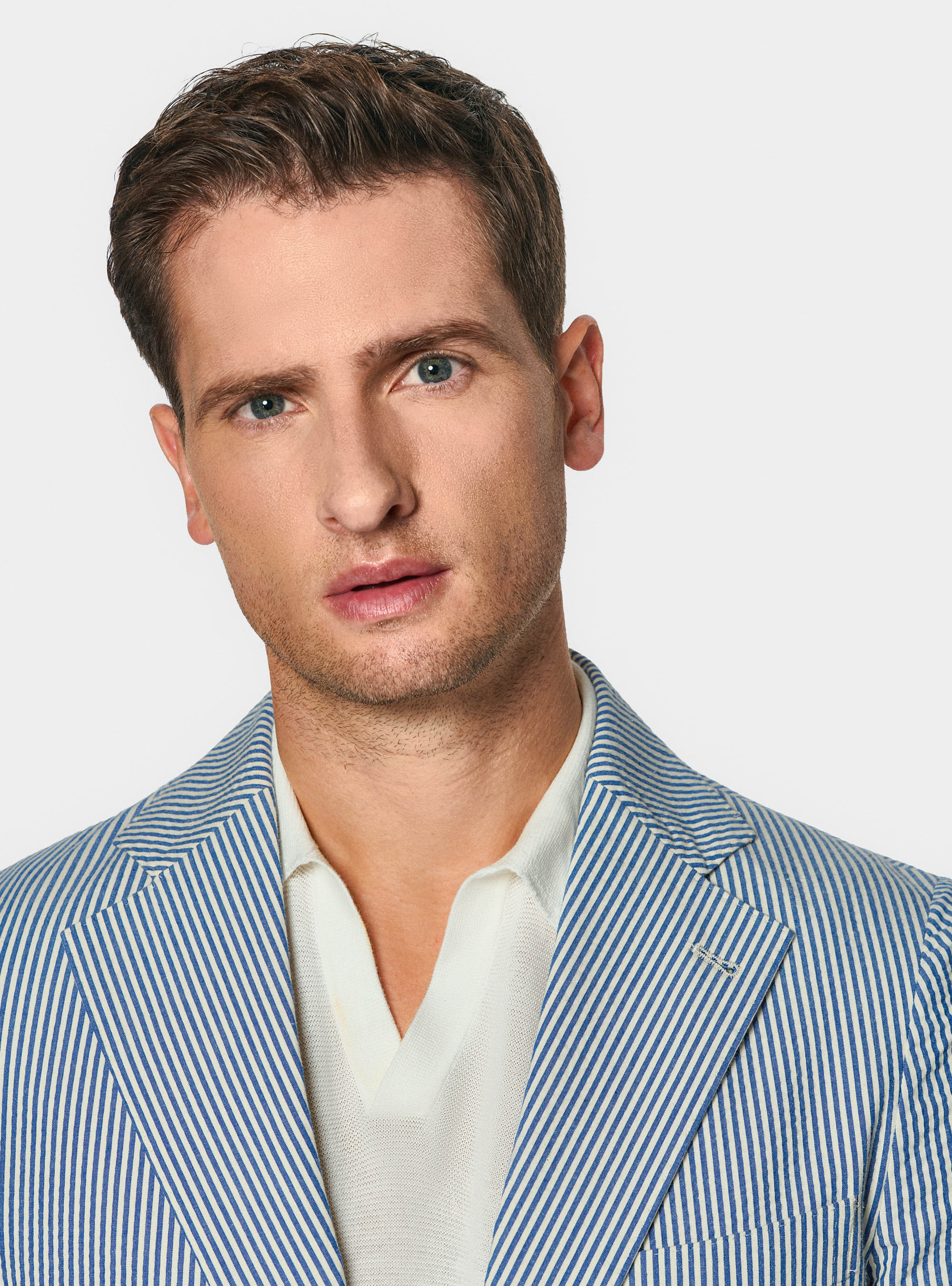 Striped blazer in seersucker cotton, BLUE