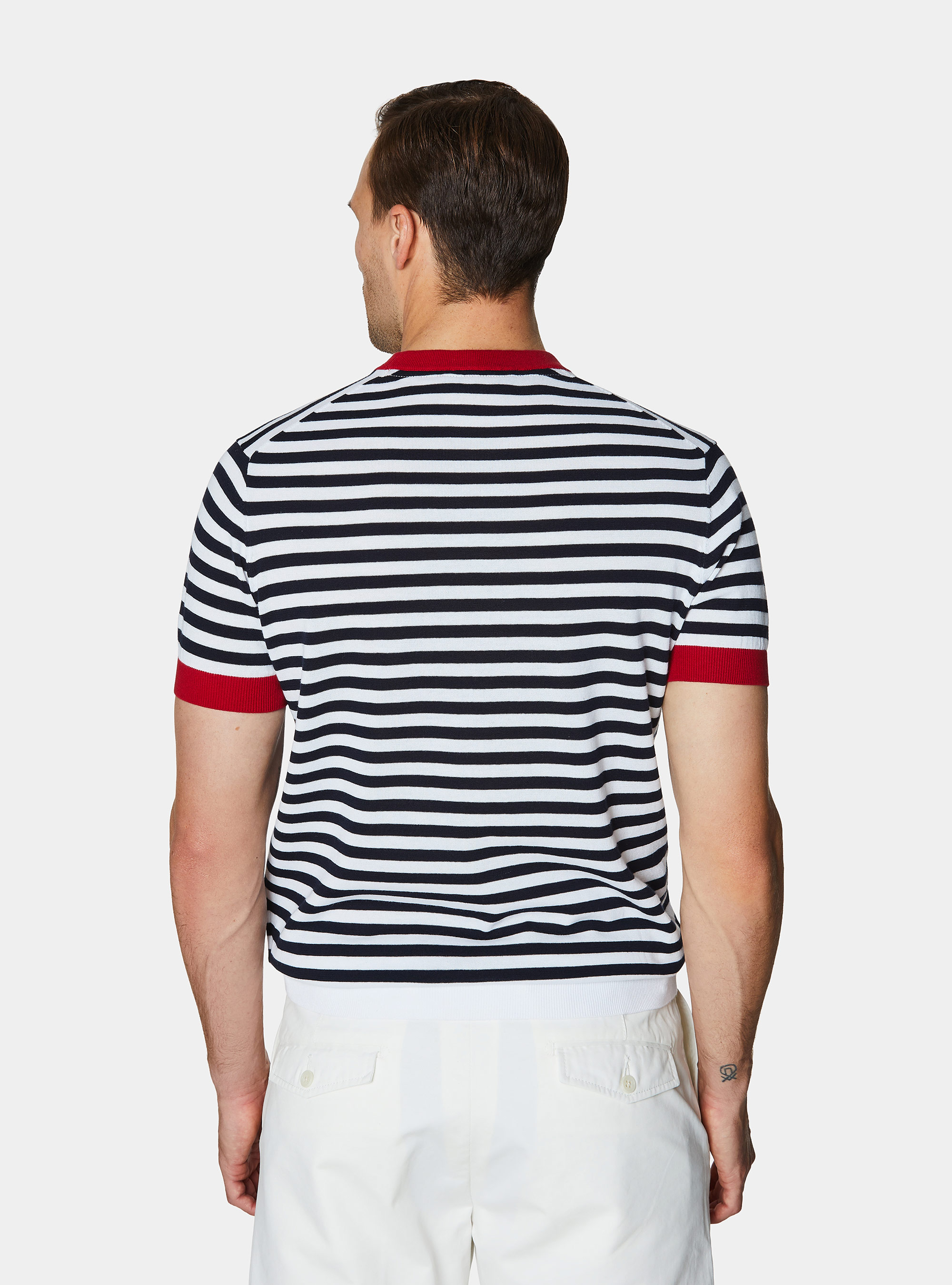 Extra-fine striped cotton crew neck sweater, NAVY BLUE