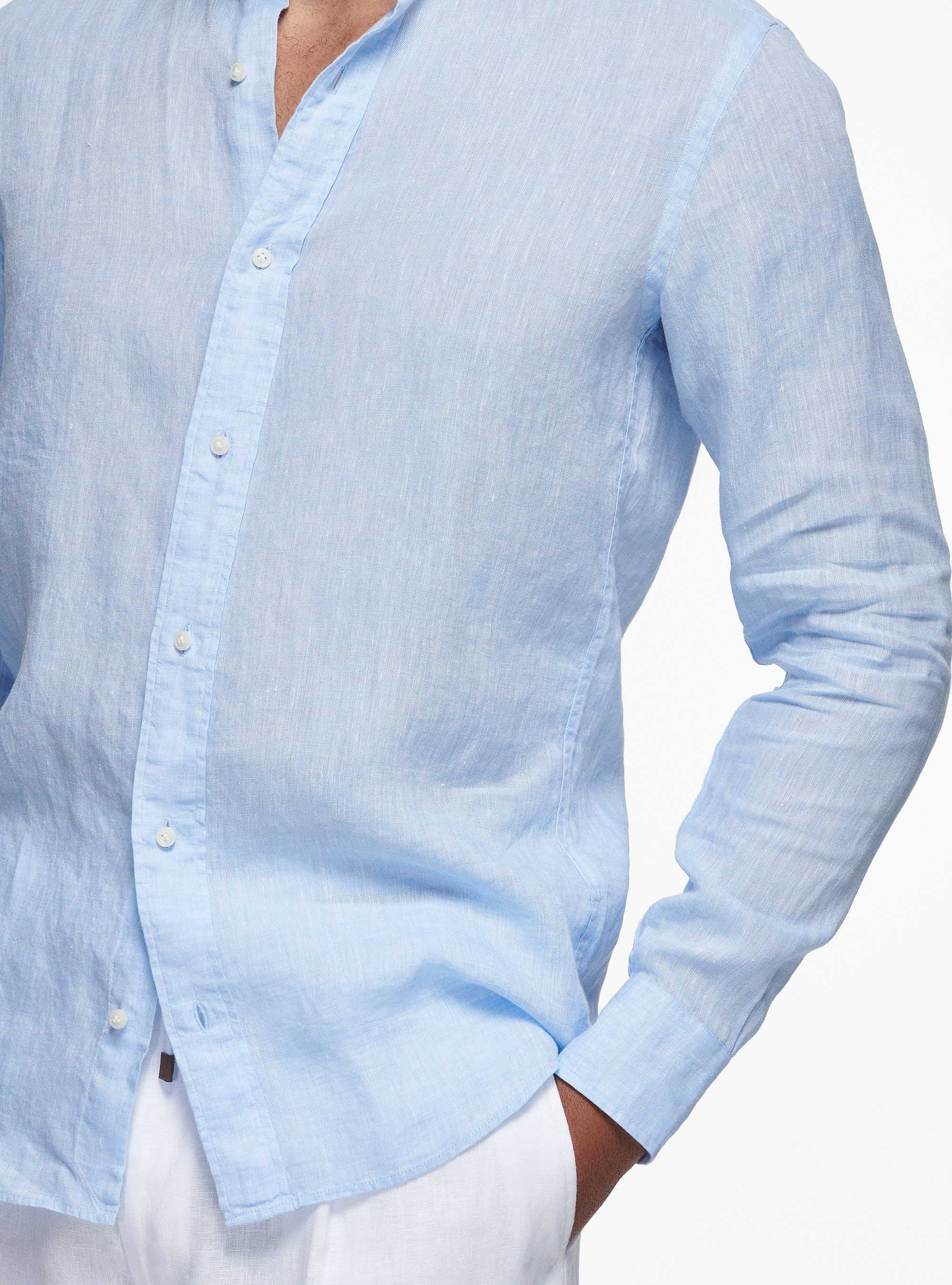 Camicia coreana in puro lino, AZZURRO