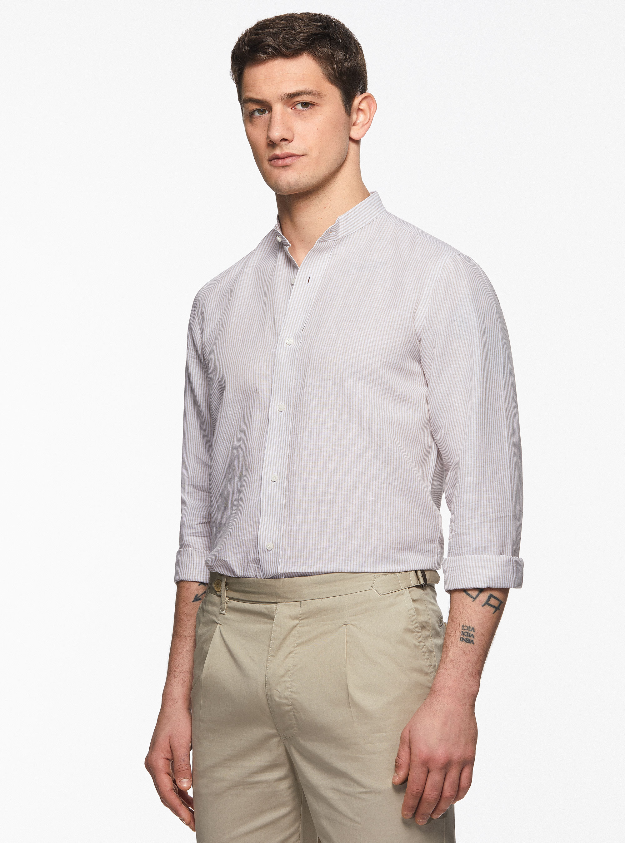 Korean collar shirt in linen and cotton, SAND
