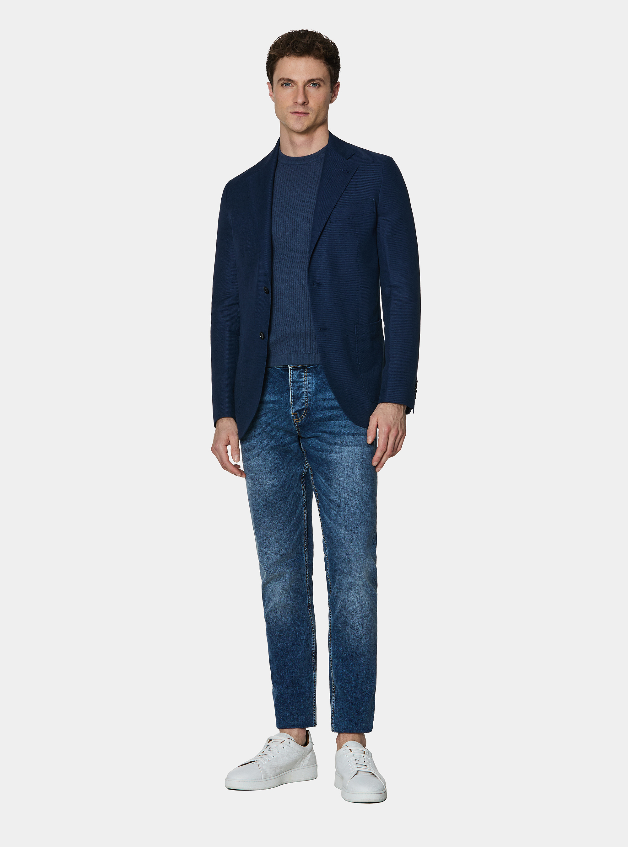 Blazer in cotton and slubbed linen, NAVY BLUE