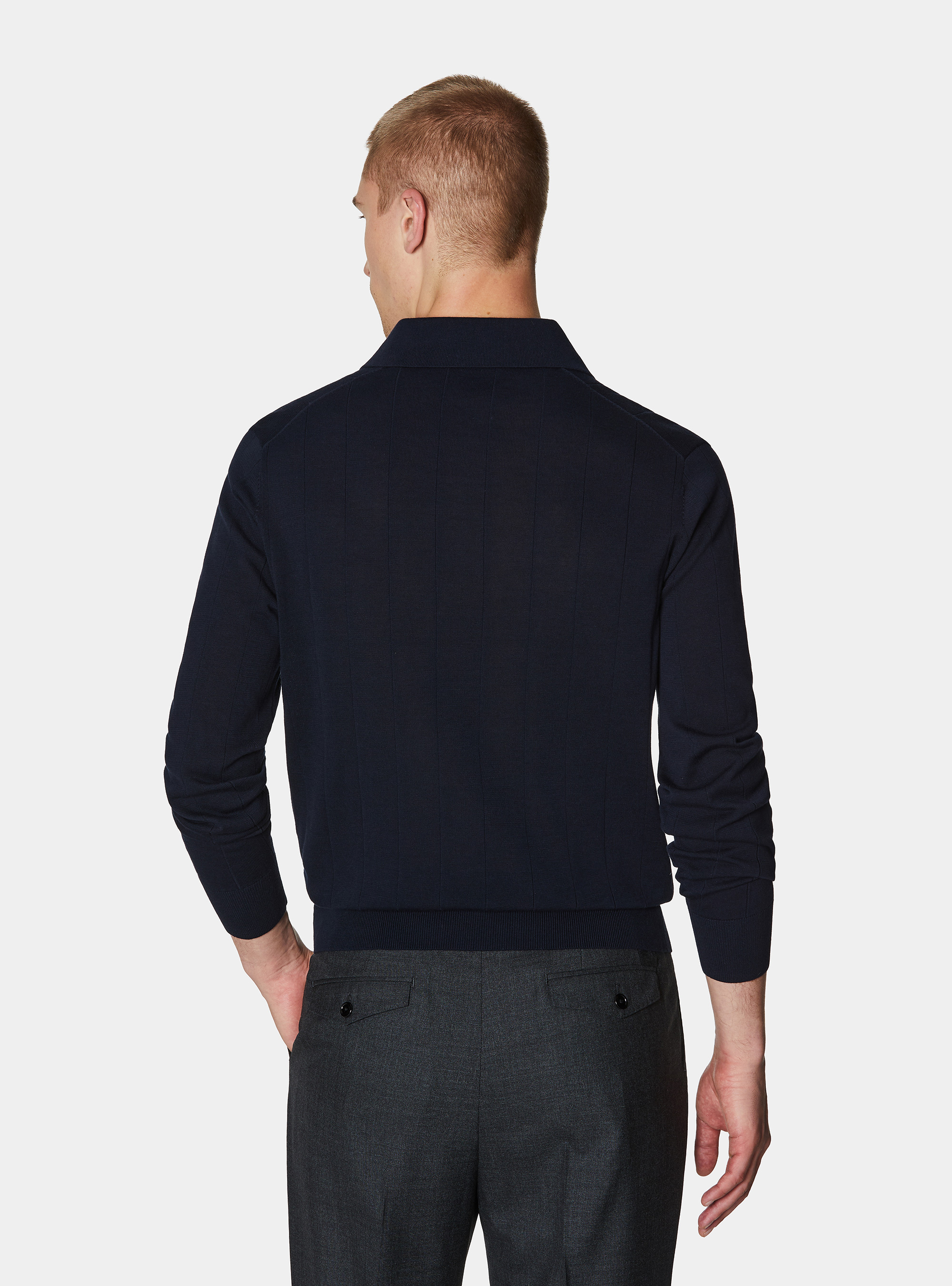 Lang&auml;rmeliges Strick-Poloshirt, NAVY 0218C