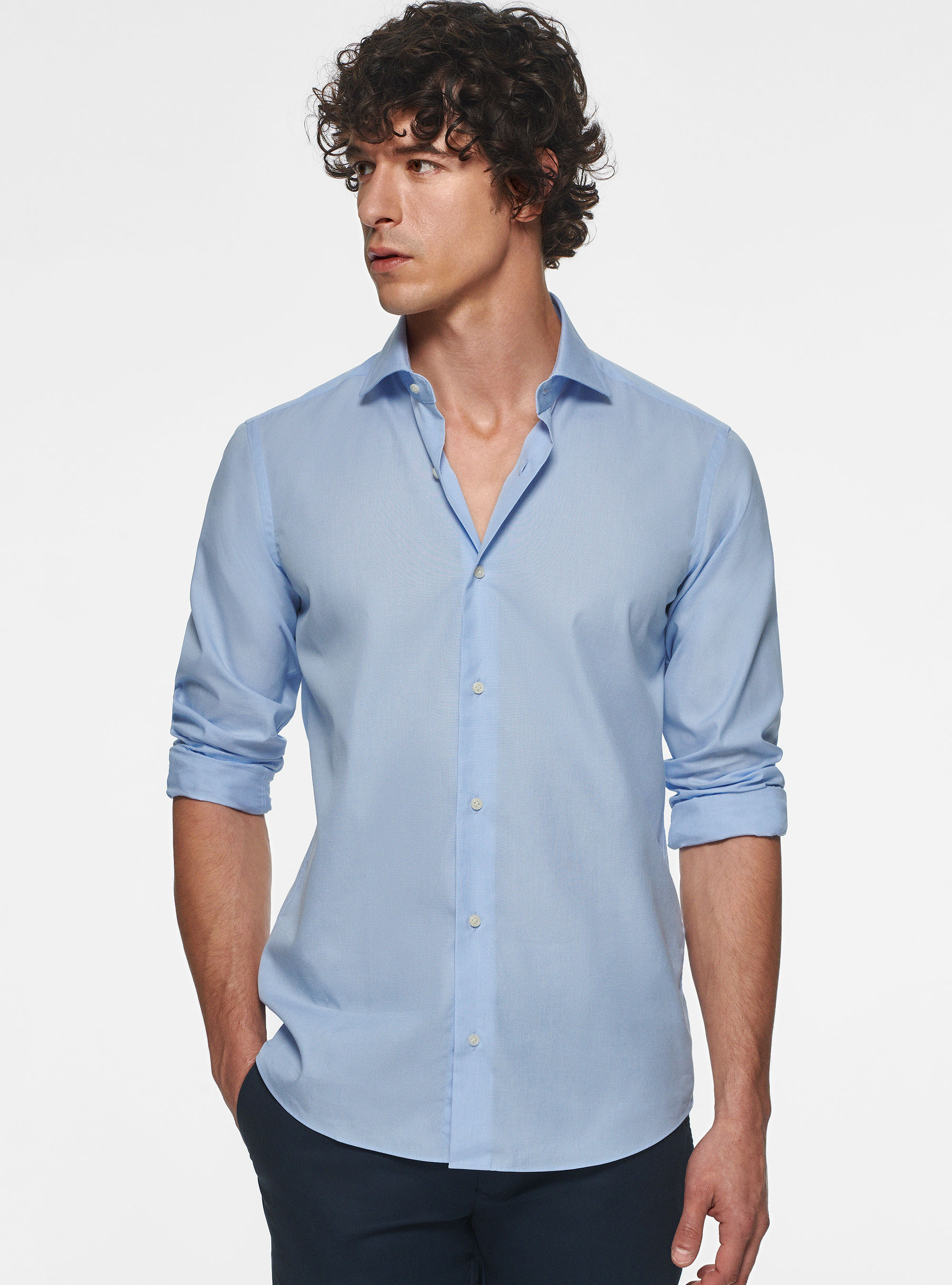 Camisa de algod&oacute;n fil a fil, CELESTE