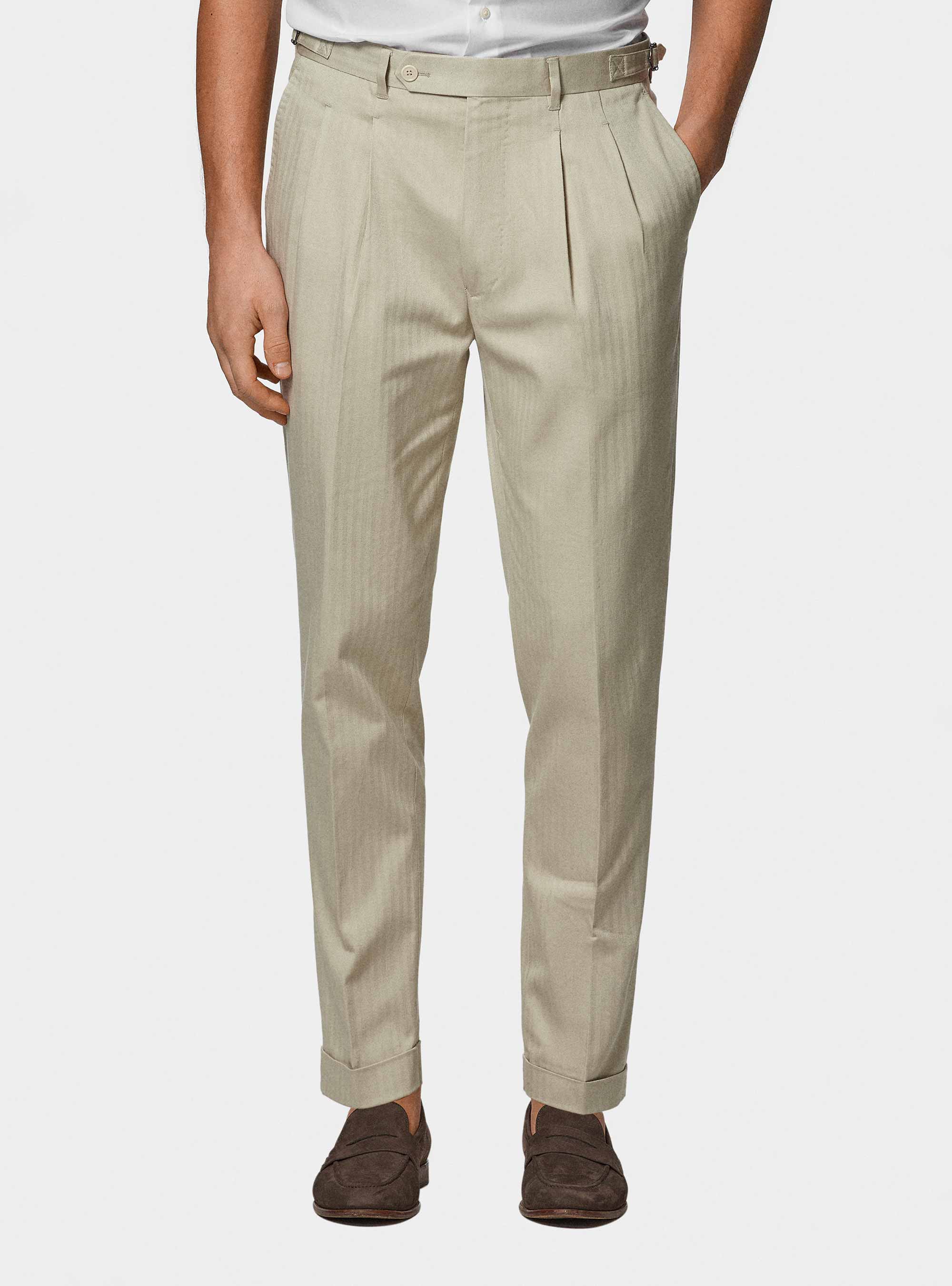 Double-breasted cotton and linen suit trousers, ECRU