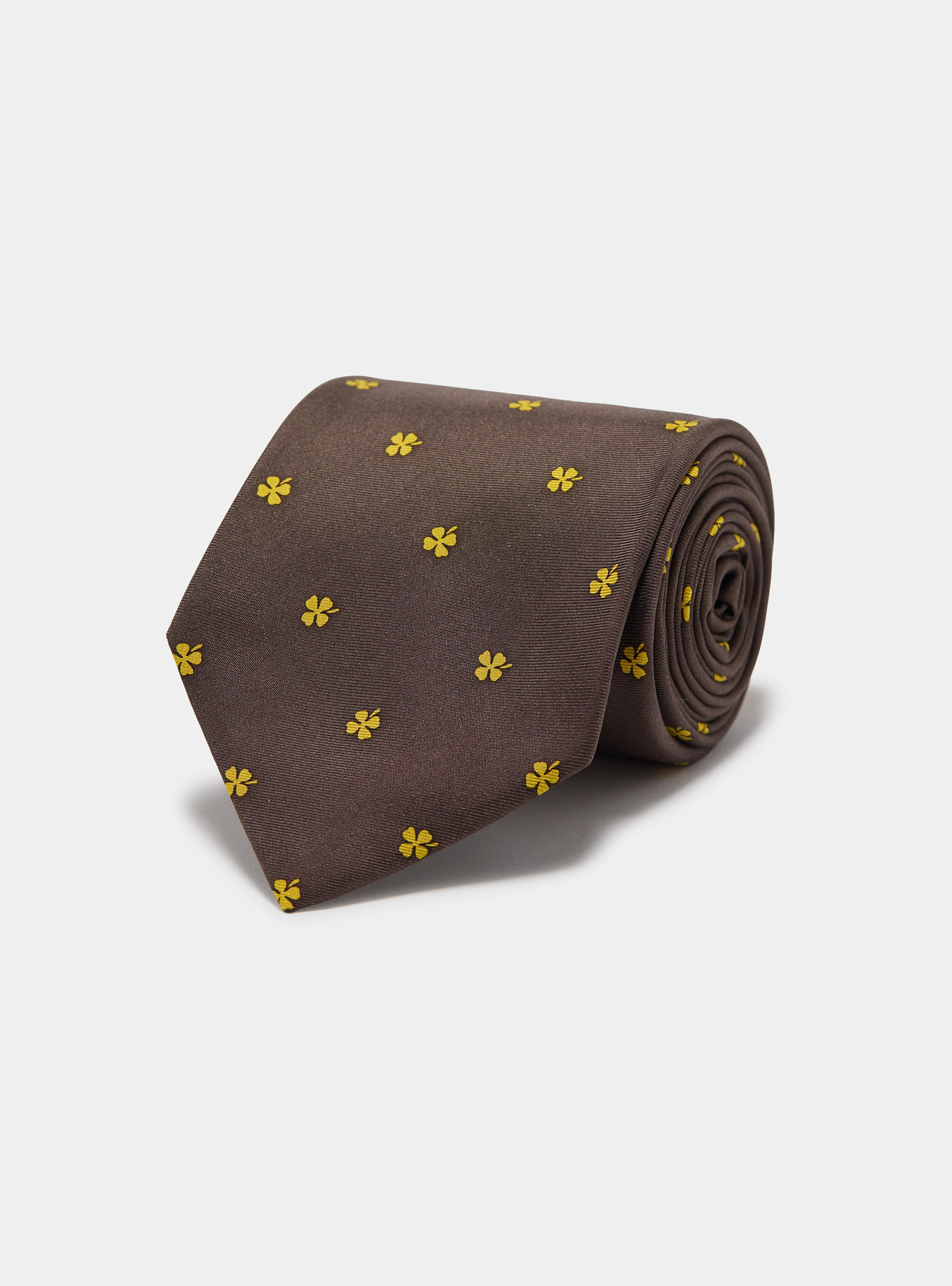 Silk tie with a four-leaf clover print, MARRONE/OCRA