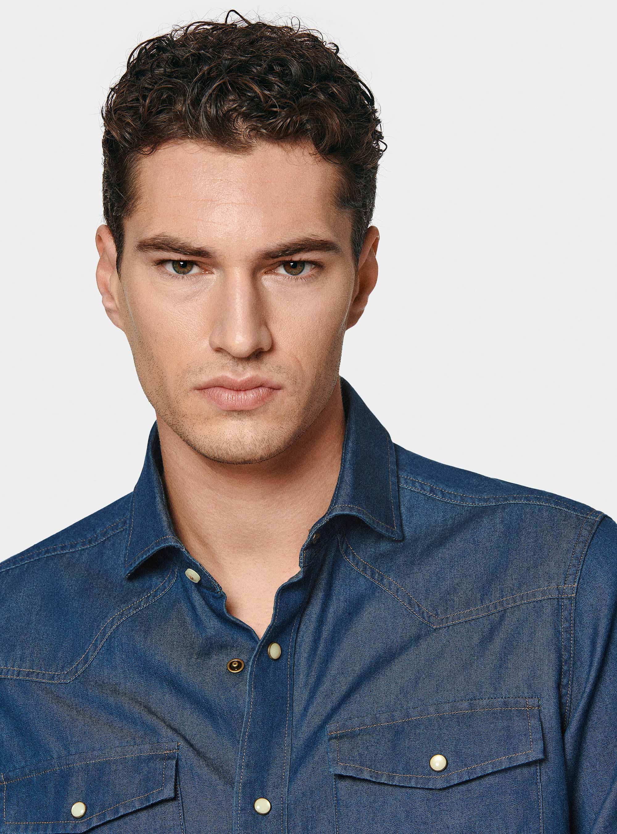 Cotton chambray western shirt, NAVY BLUE