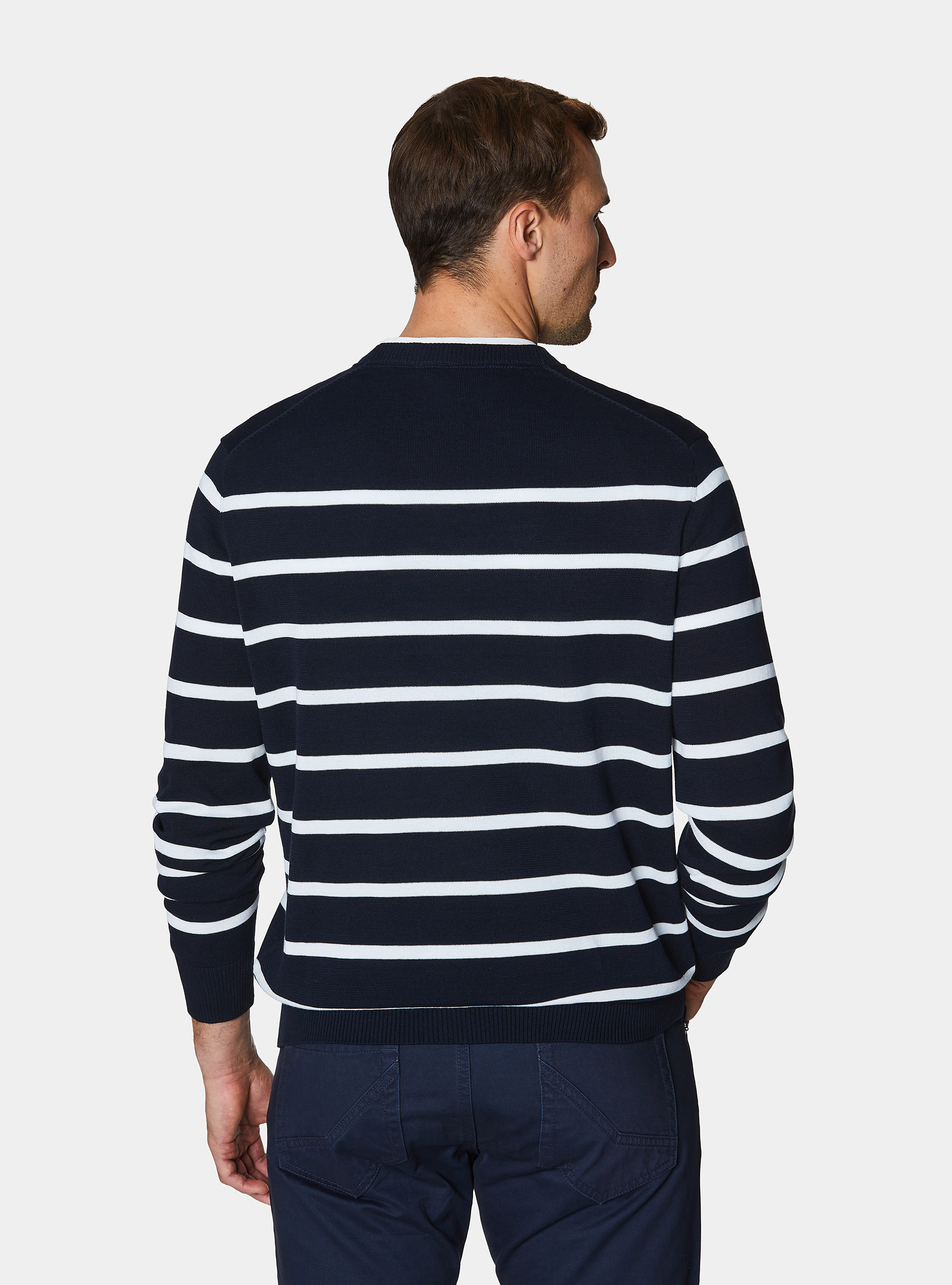 Punto de cuello redondo de algod&oacute;n extrafino a rayas, AZUL MARINO