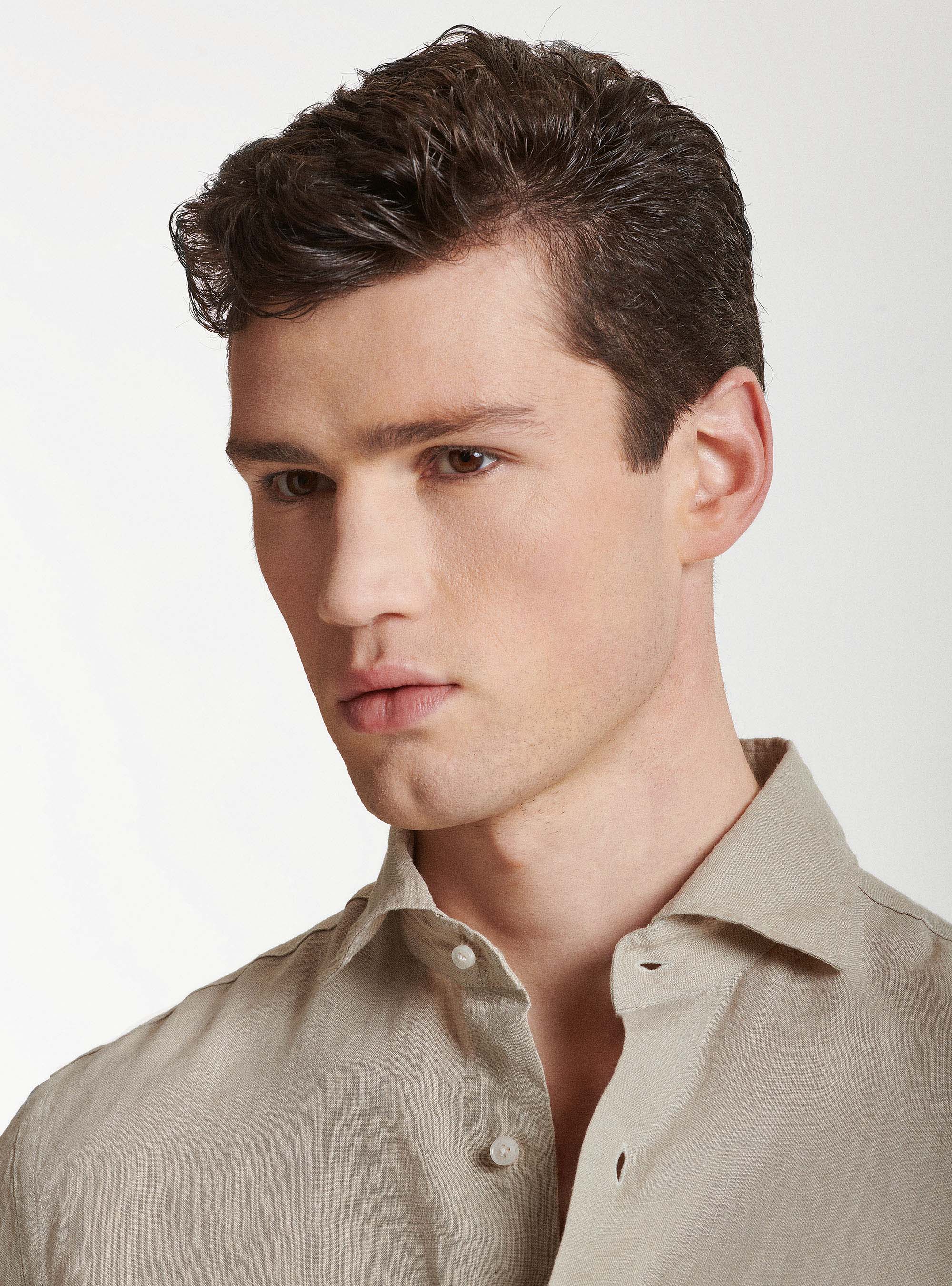 Camicia collo semi francese in puro lino, SABBIA