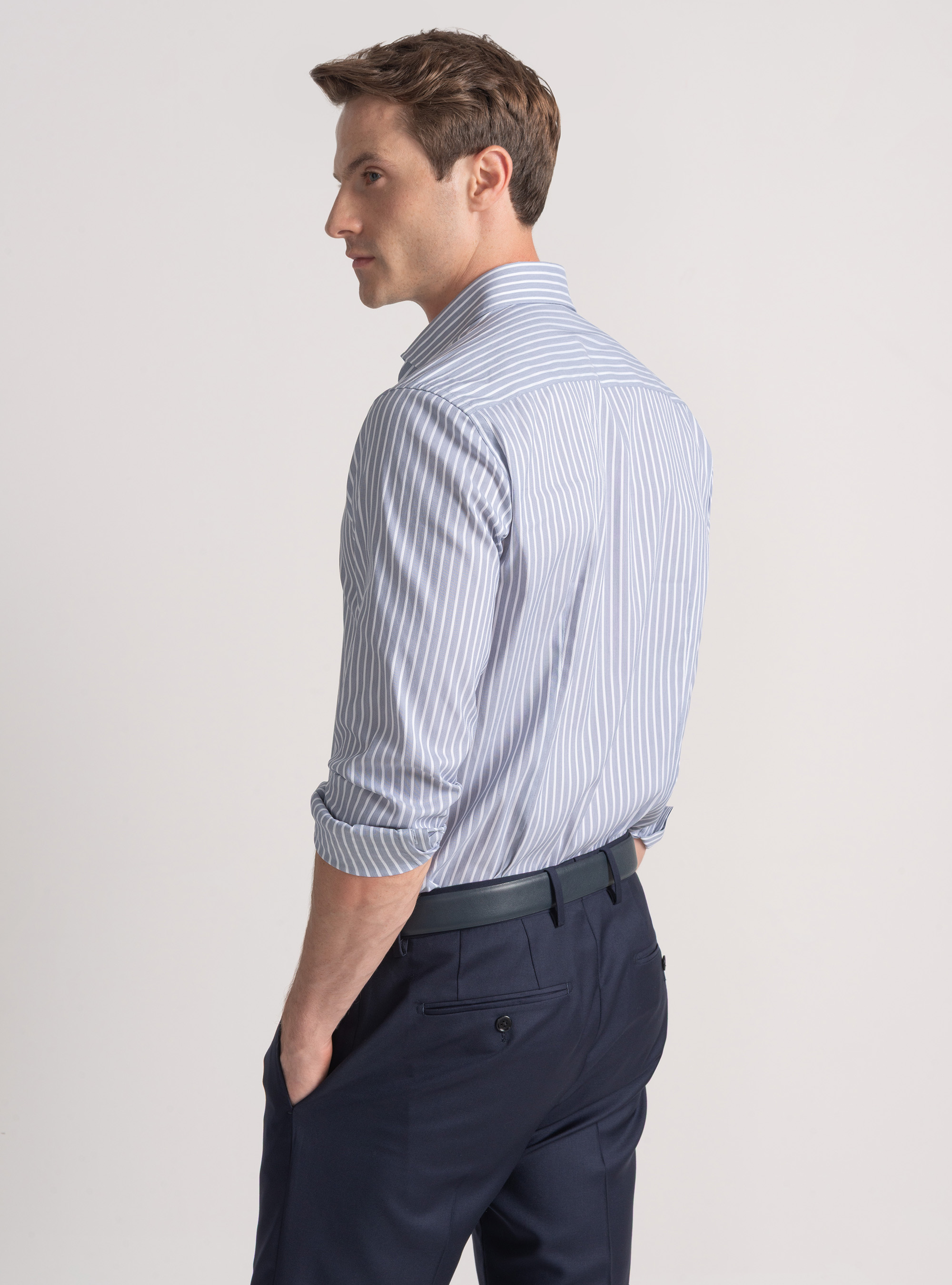 Camicia rigata in misto cotone stretch, BLU
