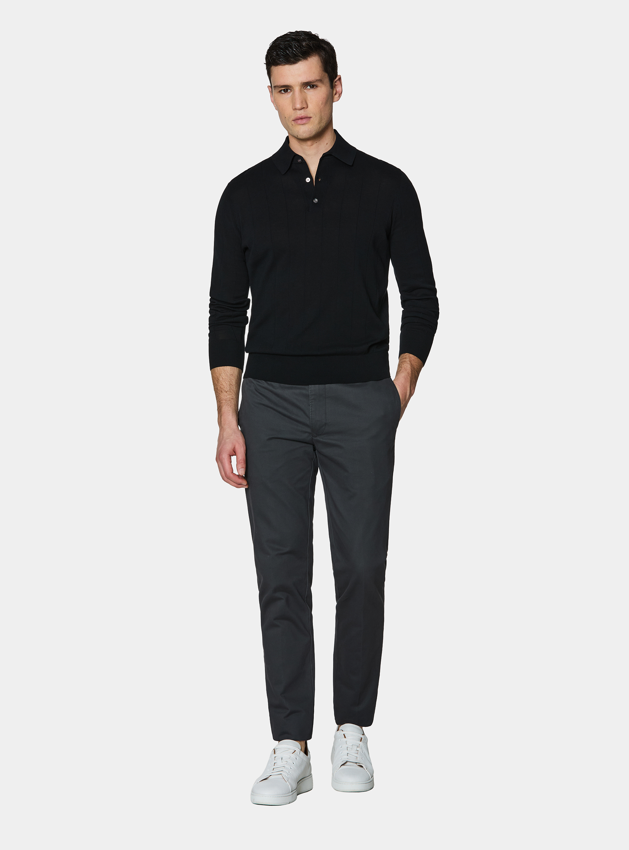 Long-sleeved knit polo shirt, BLACK