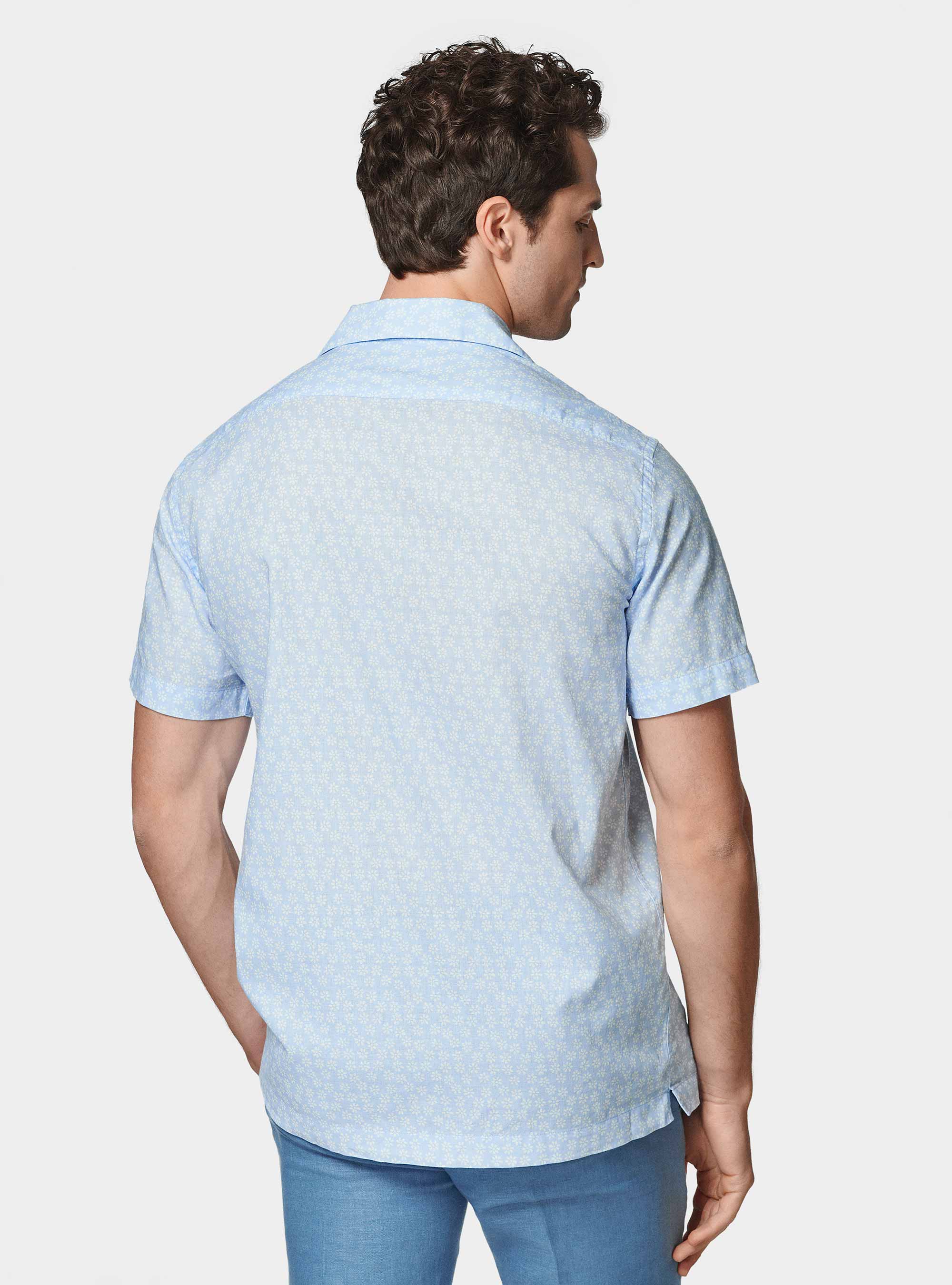 Camicia bowling in lino e cotone stampato, AZZURRO