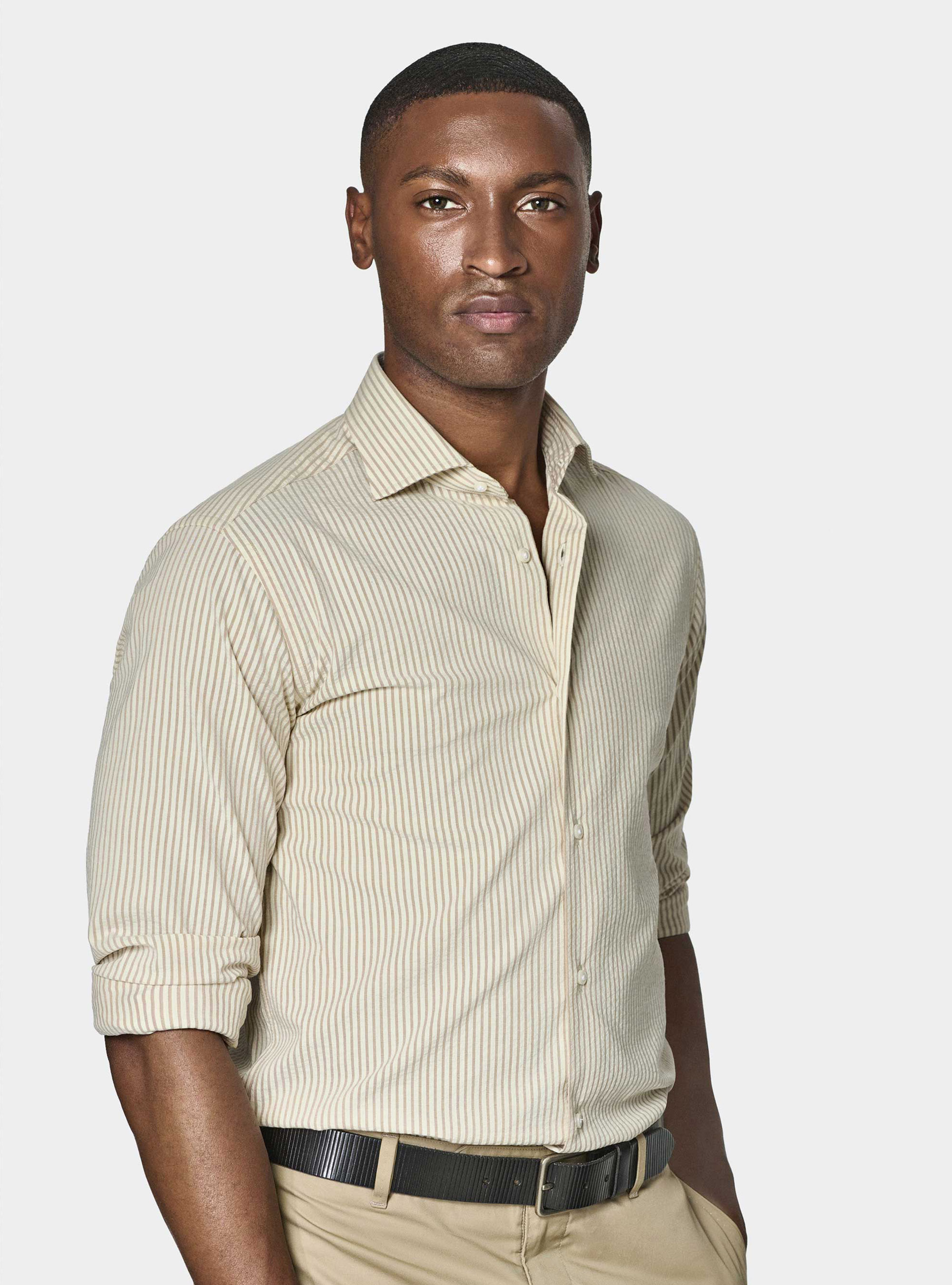 Seersucker cotton blend striped shirt, SAND