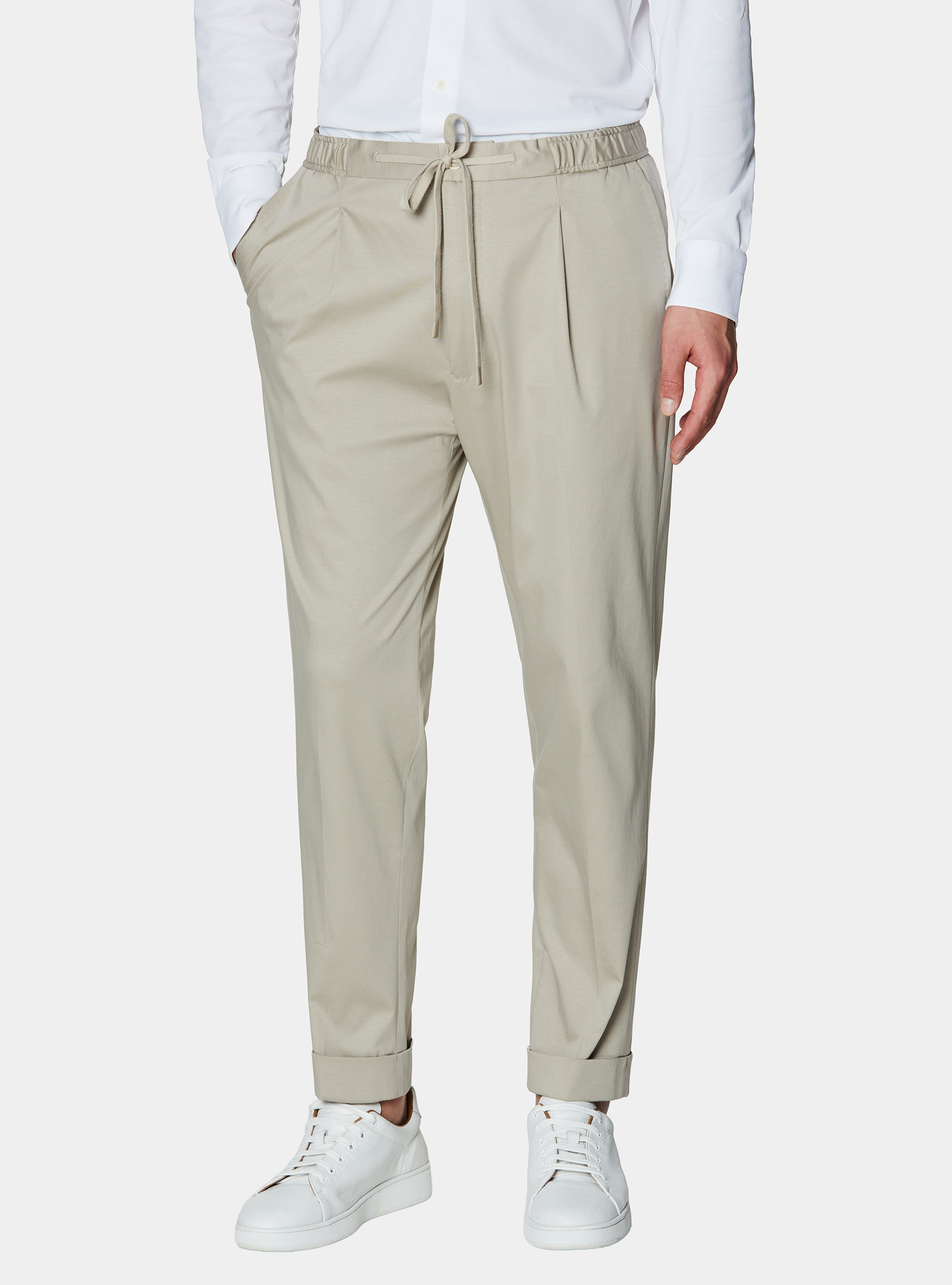 Technical cotton jersey drawstring trousers, ECRU