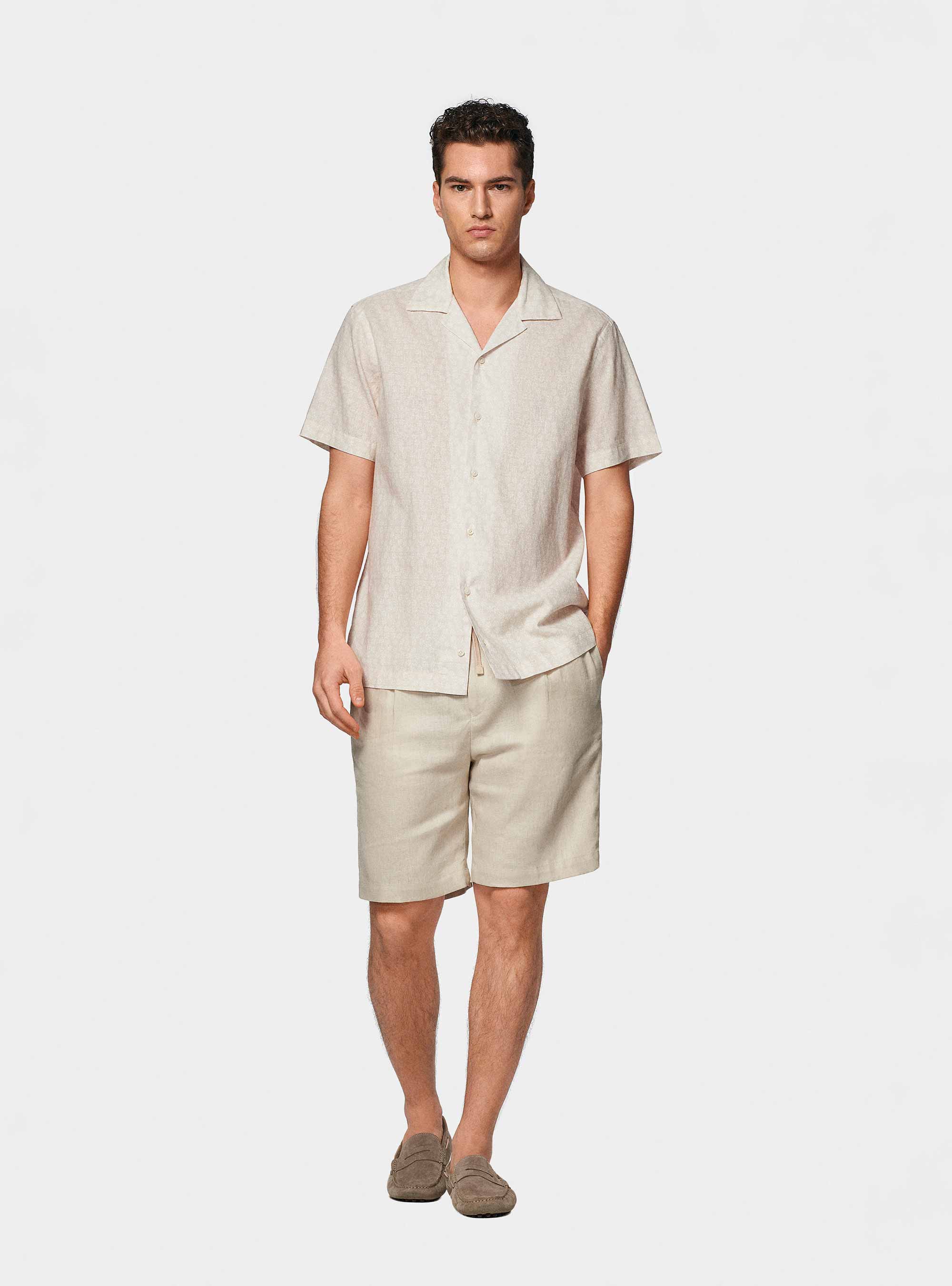 Bowling shirt in linen and printed cotton, ECRU