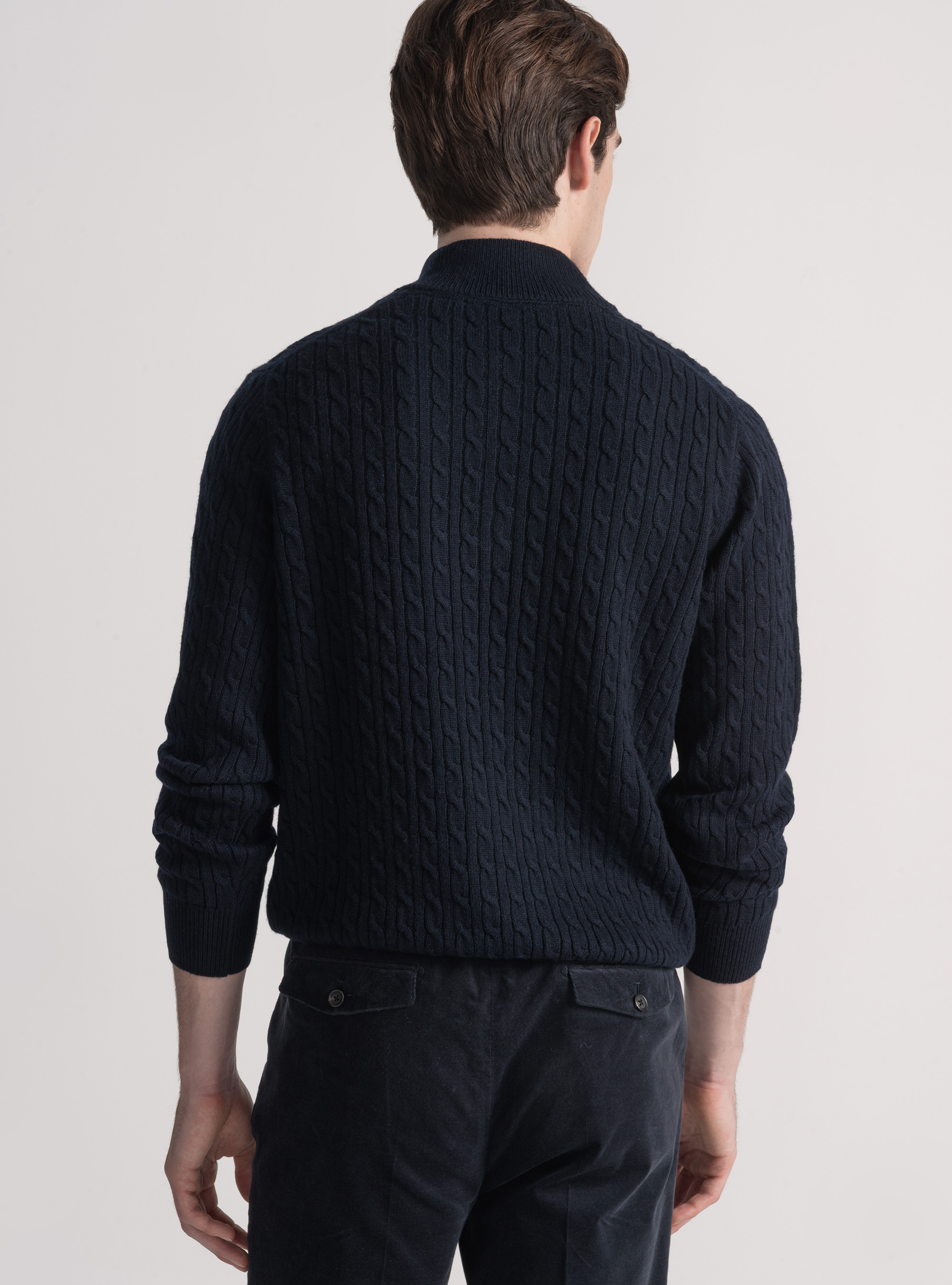Maglia con collo mock e treccia in misto lana, BLU NAVY