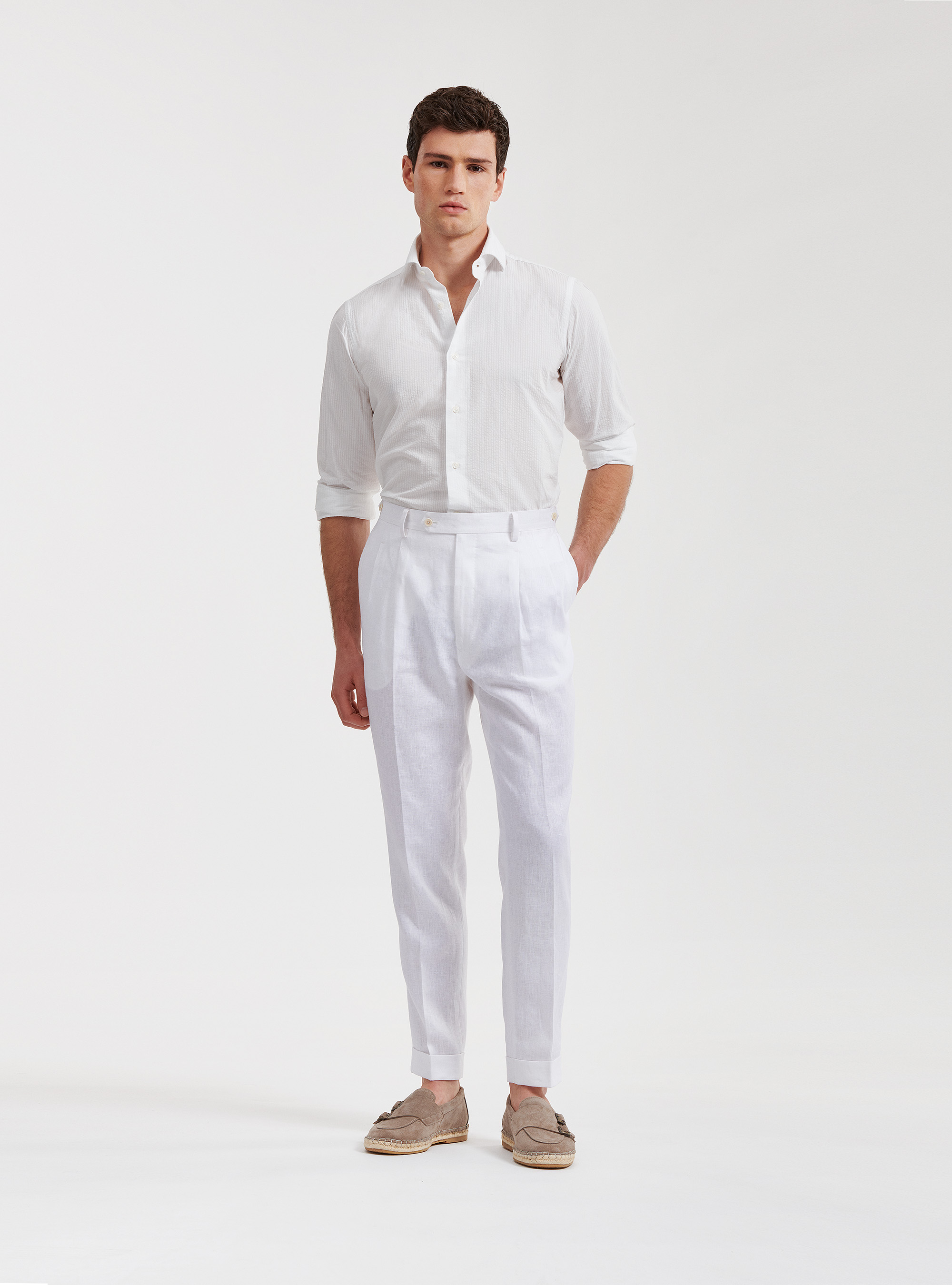 Camicia collo semi francese in cotone seersucker, BIANCO