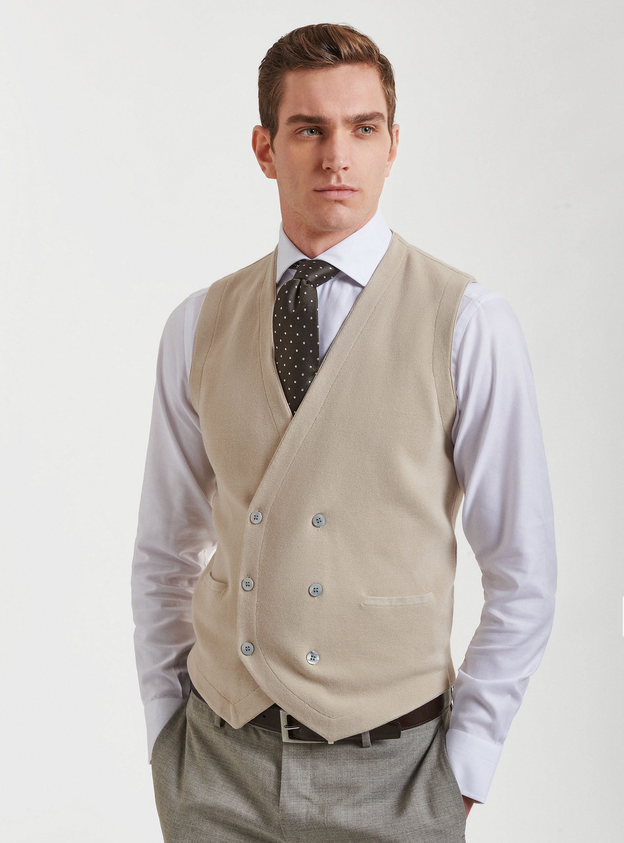 Pure cotton knitted double-breasted waistcoat, ECRU