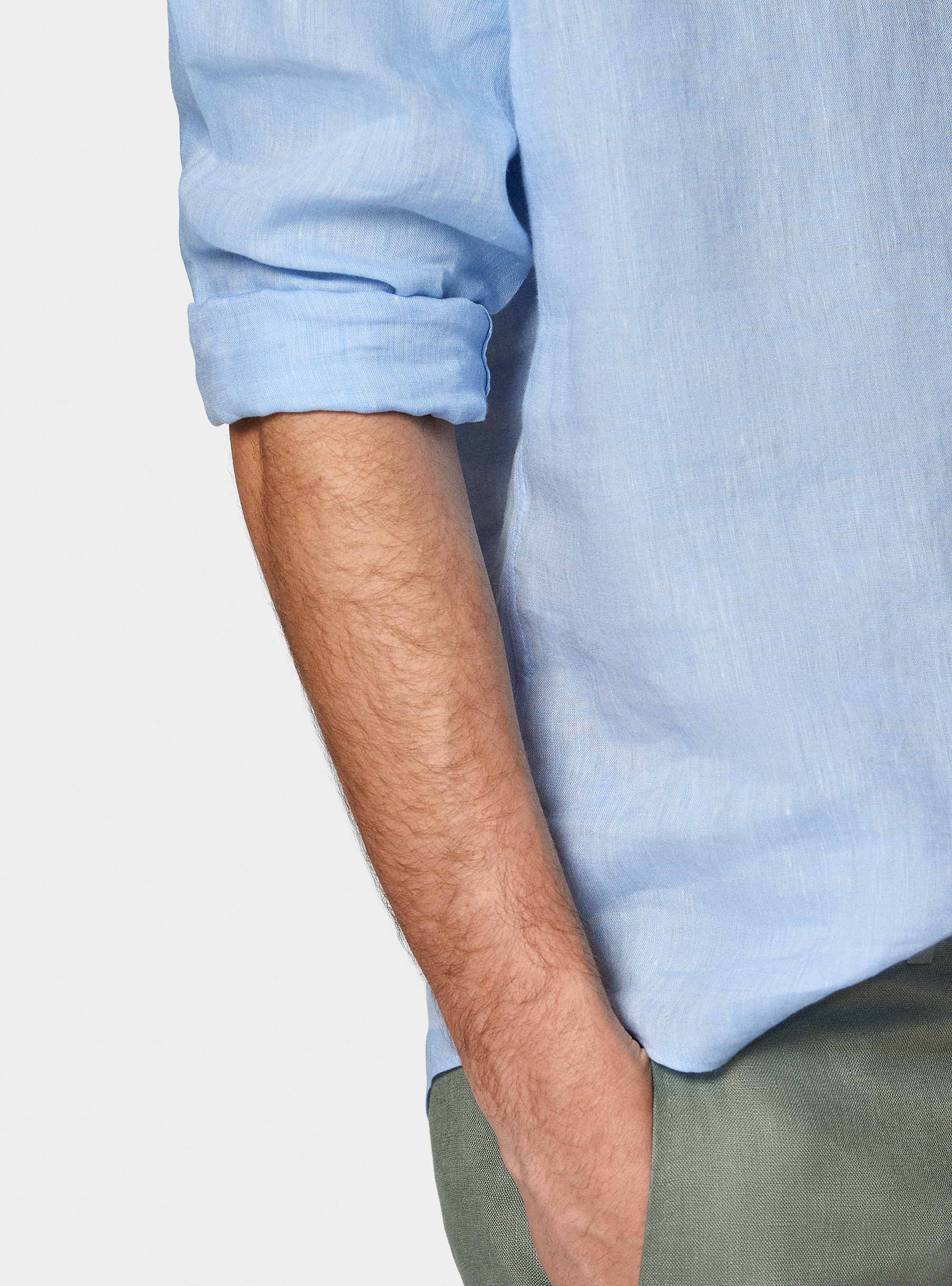 Camicia coreana in puro lino, AZZURRO