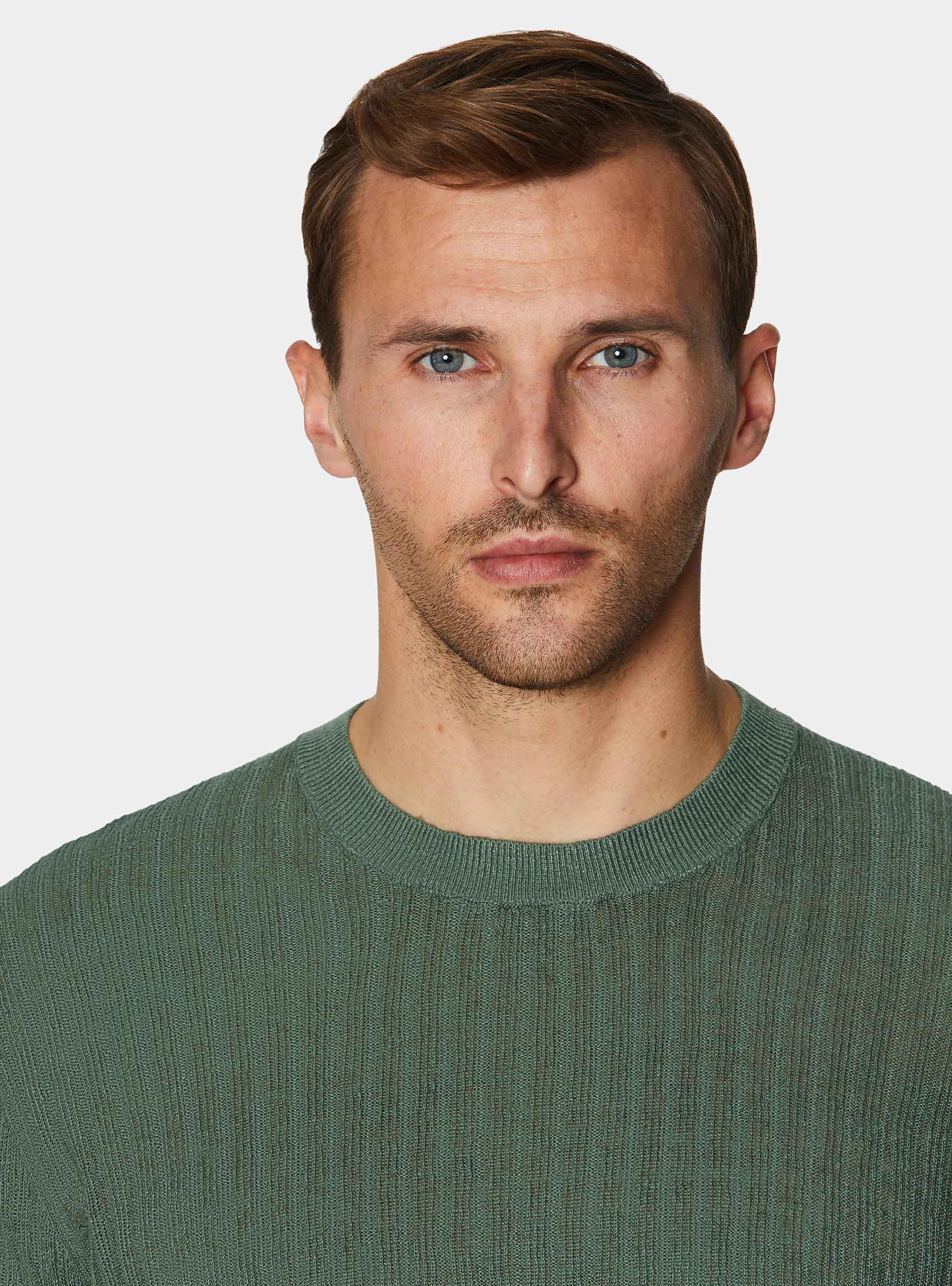 Pure linen ribbed crew neck sweater, SALVIA 0602C