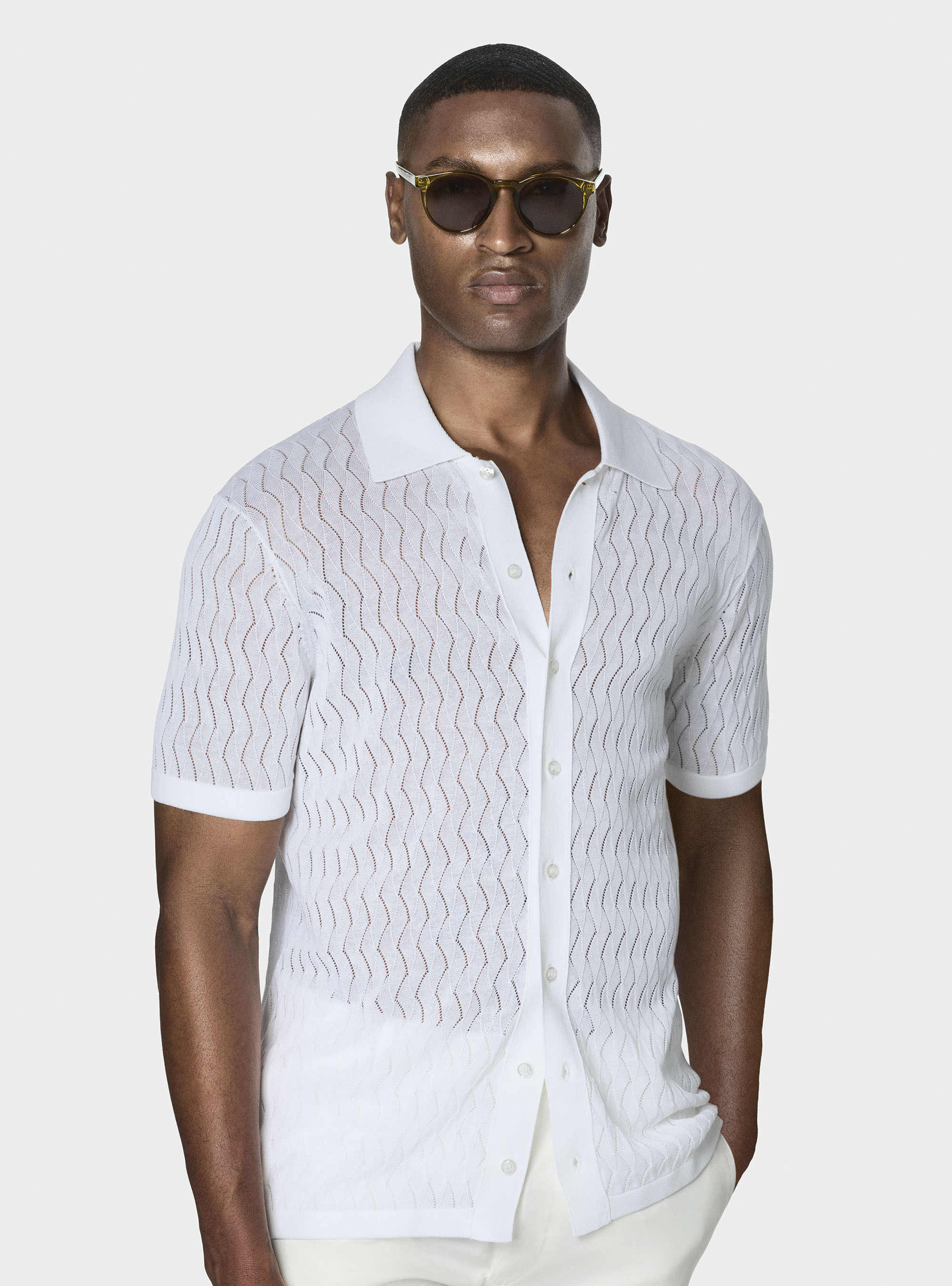 Cotton and silk perforated knit polo shirt, WHITE