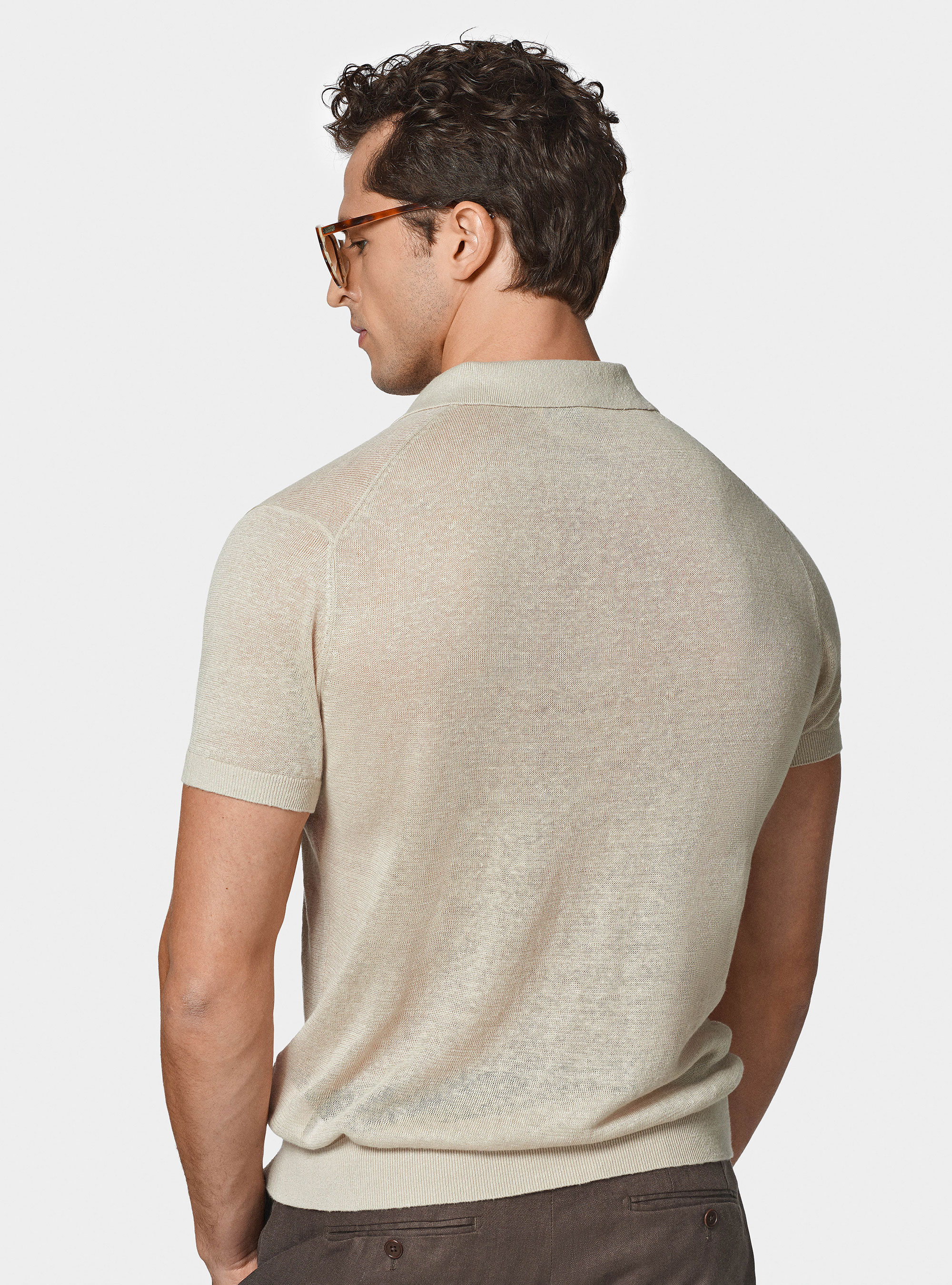Buttonless knitted polo shirt in pure linen, ECRU