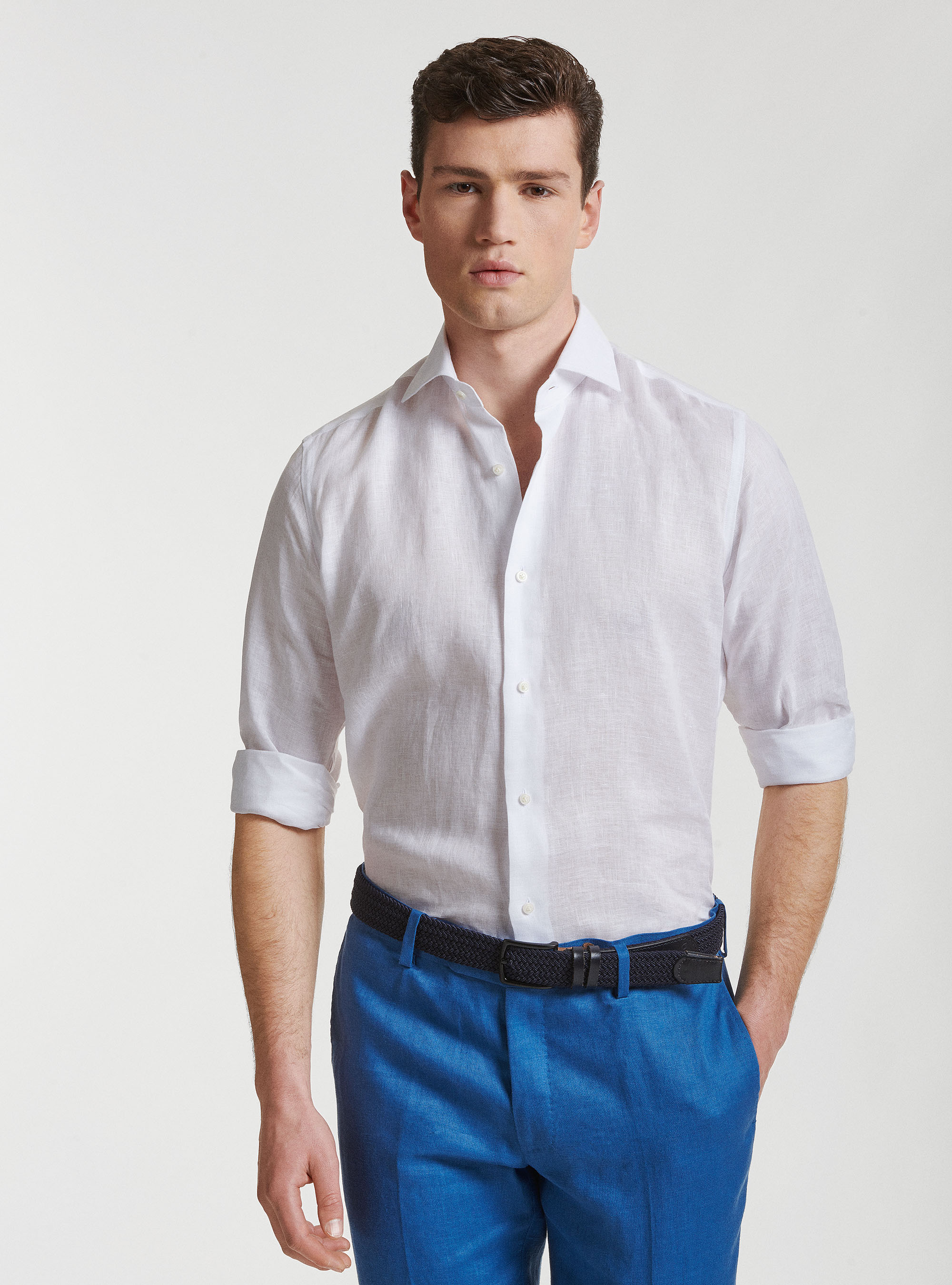 Camicia in puro lino con collo semi francese, BIANCO