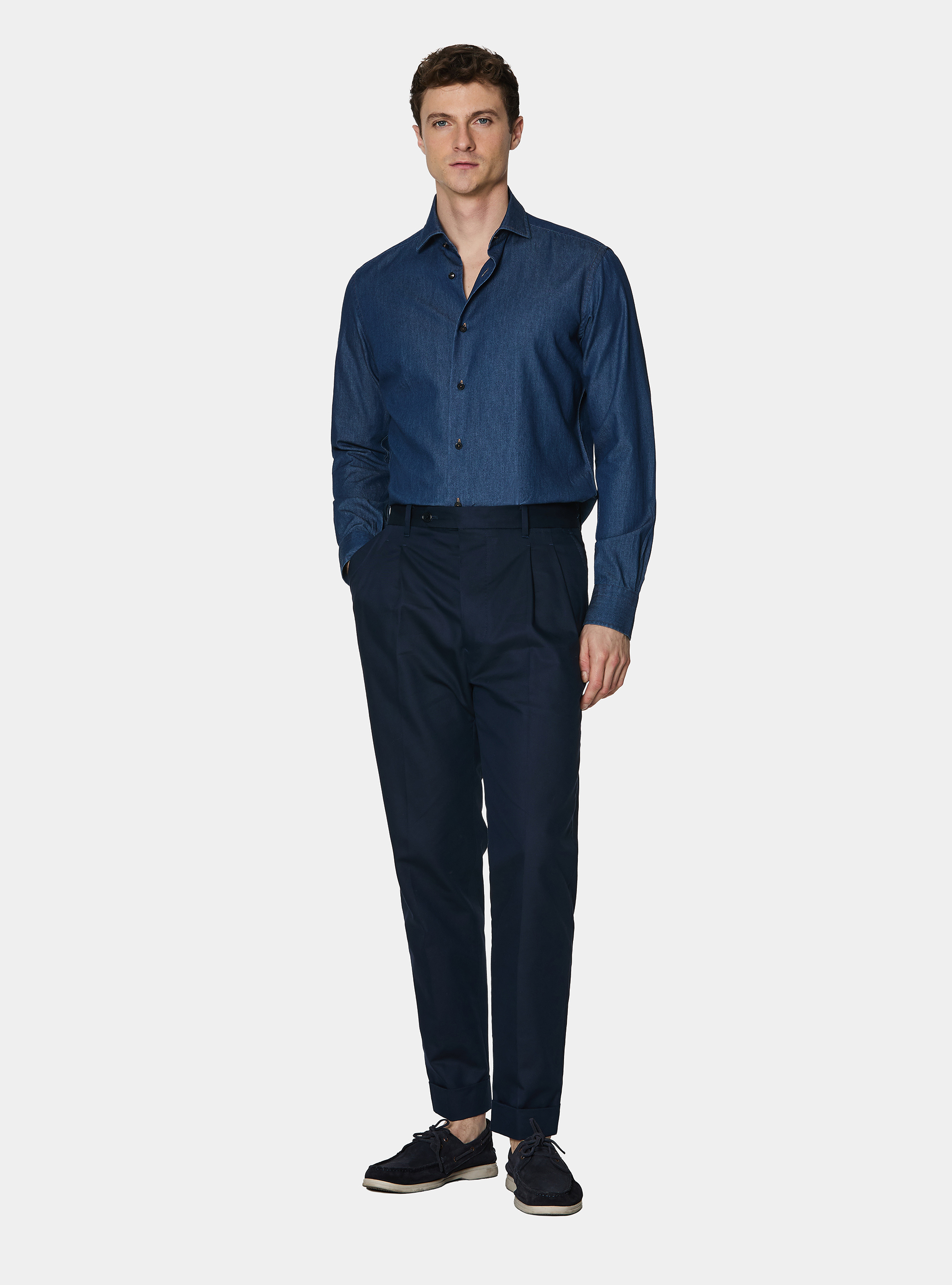 Cotton-blend pleated trousers, NAVY BLUE